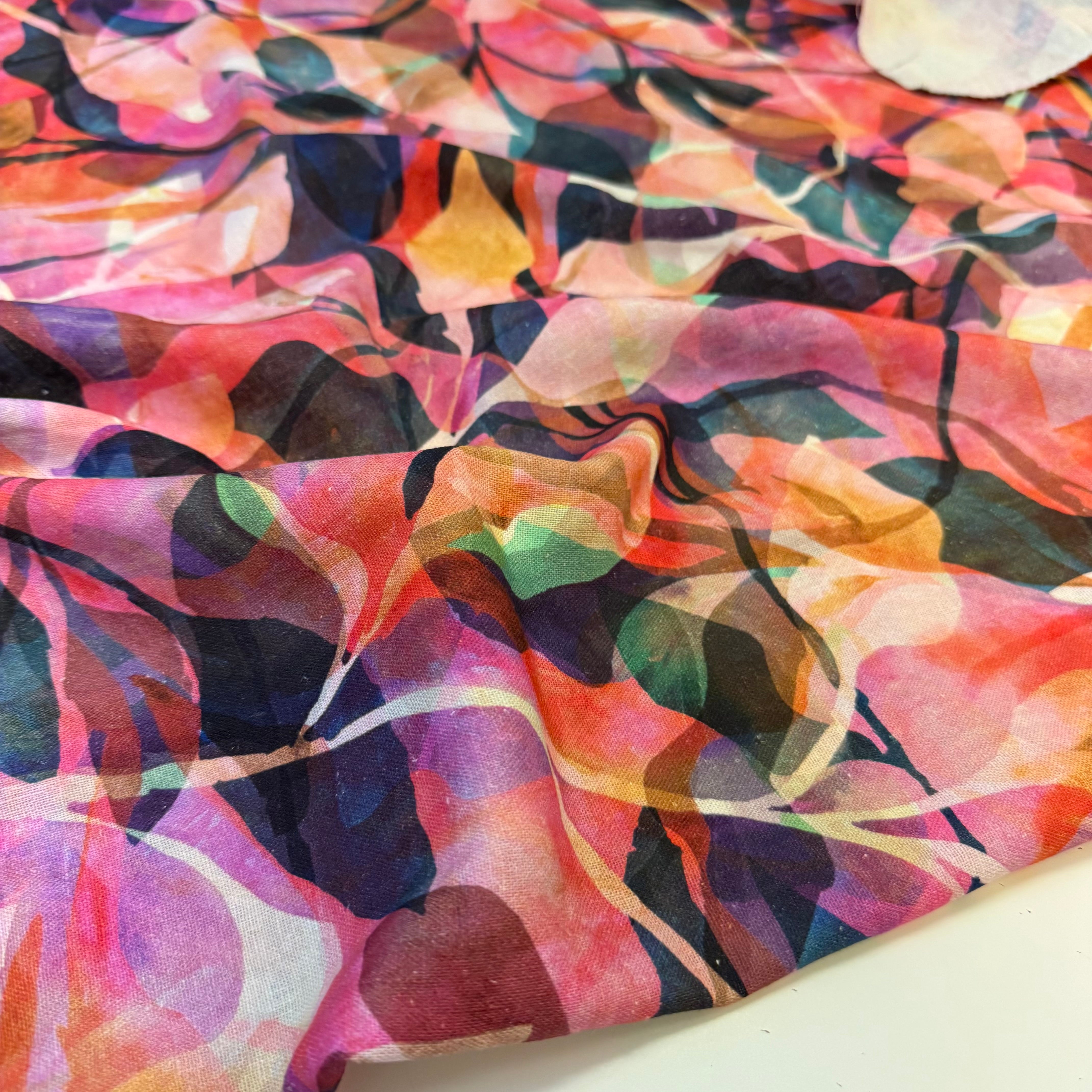 Painted Foliage Coral Pink Linen Viscose Blend Fabric