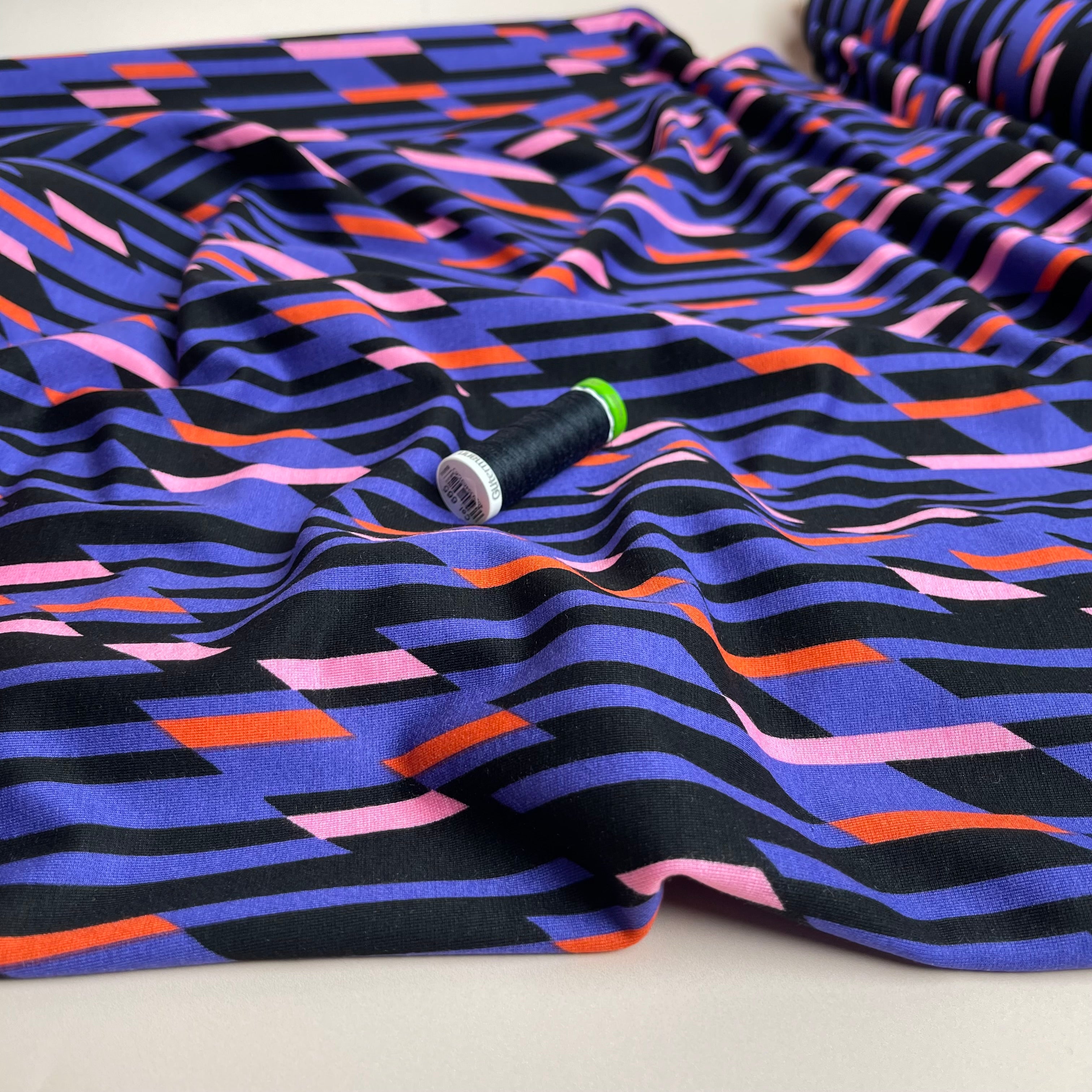 Abstract Lines Navy Viscose Ponte Roma Double Knit Fabric