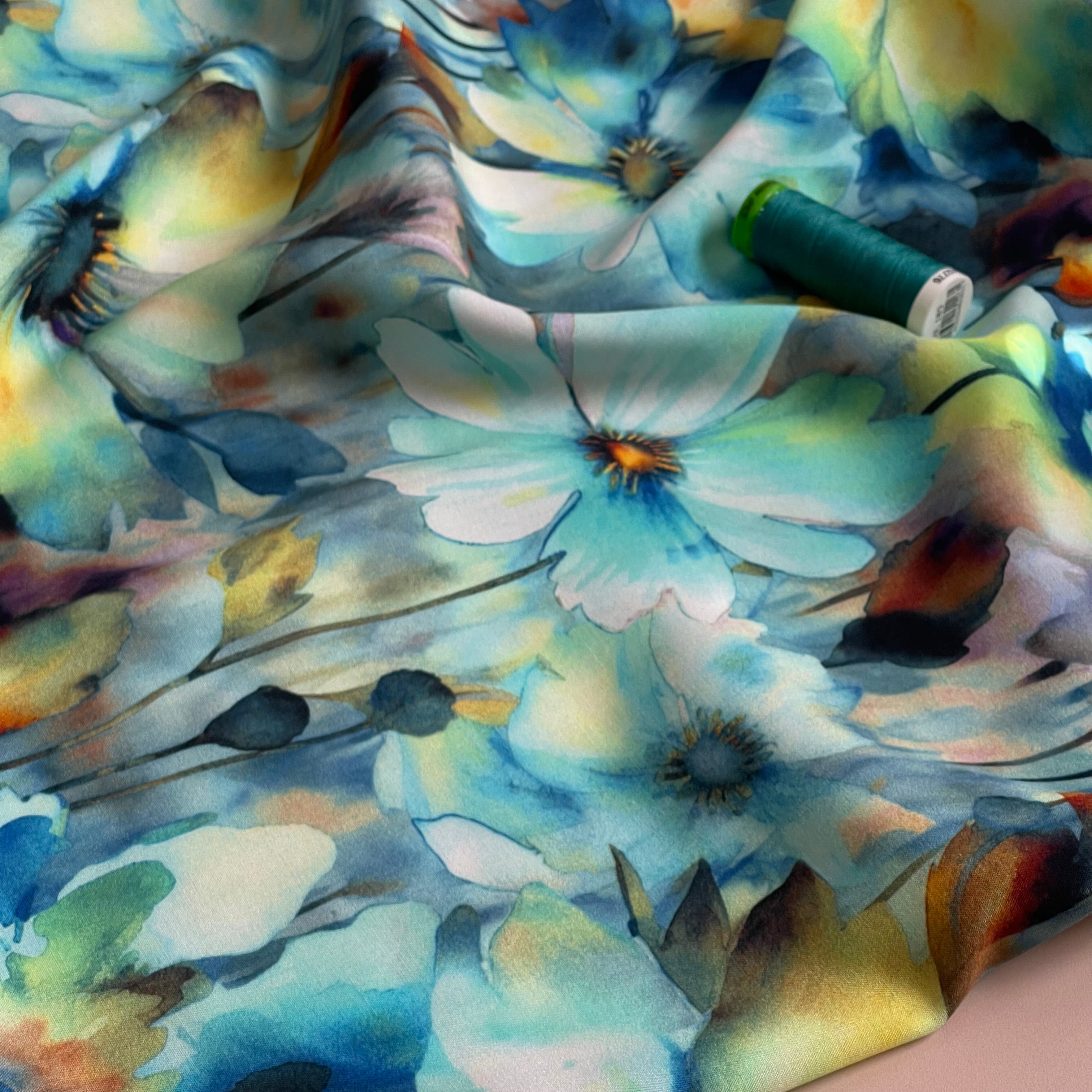 Ocean Watercolour Poppies in Blue Viscose Poplin Fabric