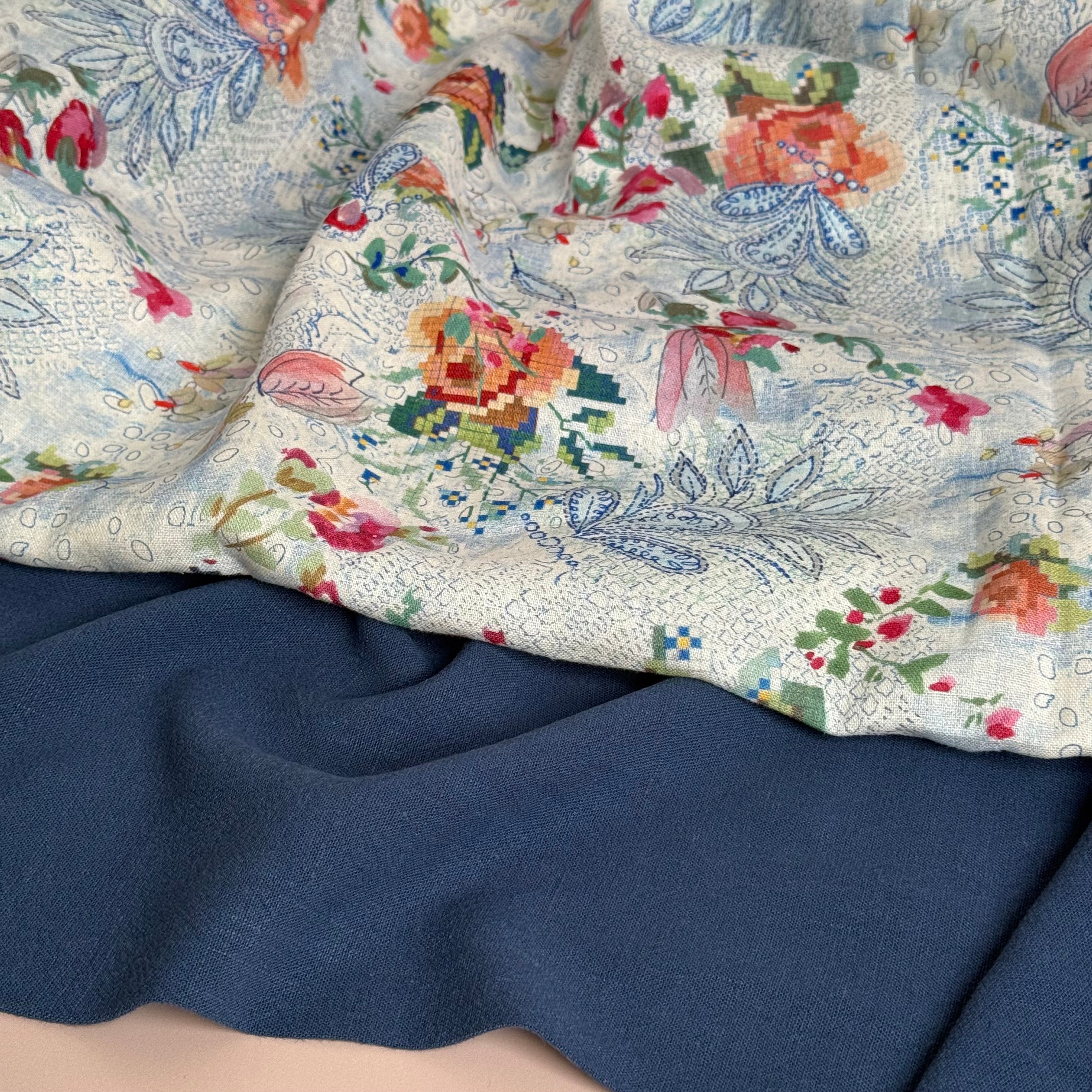 Flow Sailor Blue Viscose Linen Blend Dress Fabric