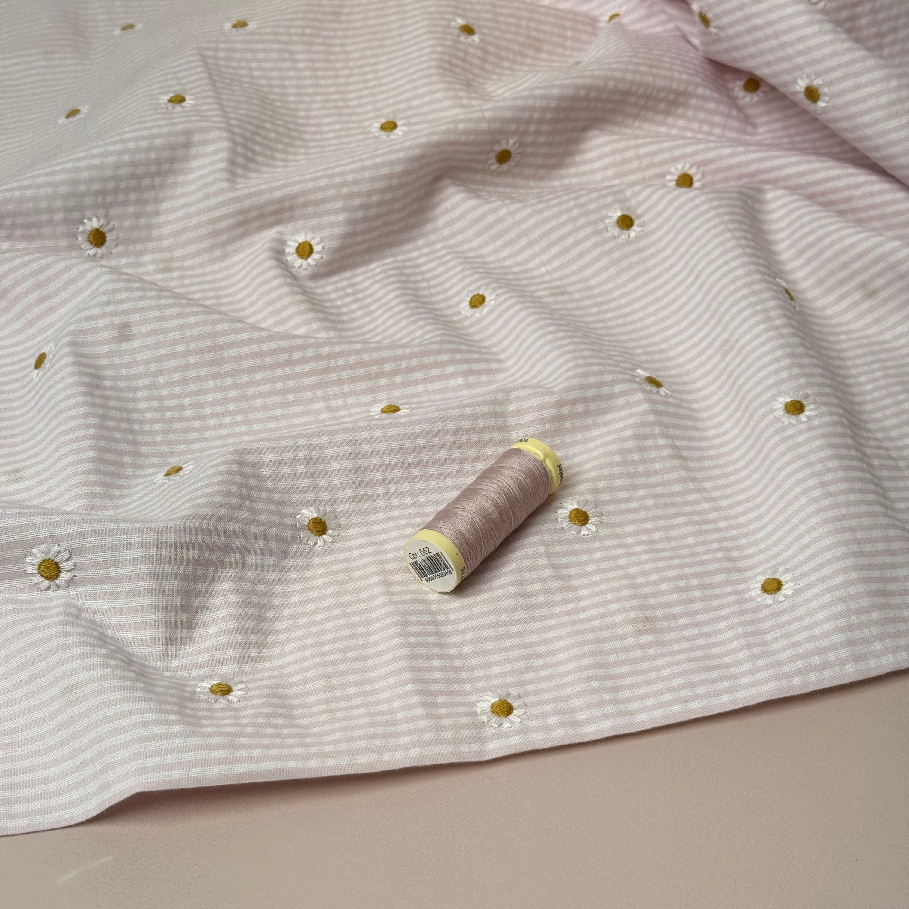 Embroidered Daisies on Pink Striped Cotton Seersucker