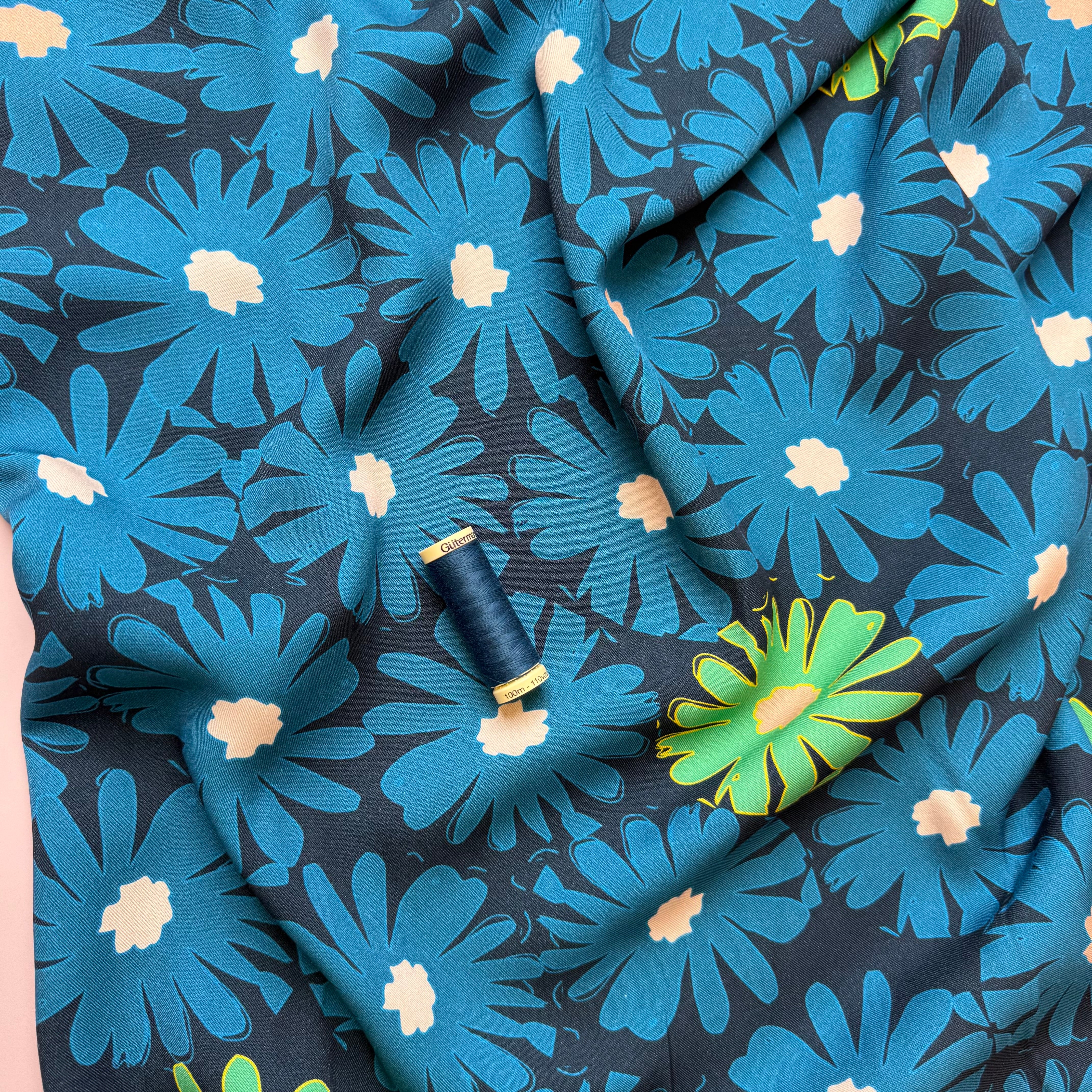 REMNANT 1.6 Metres - Light & Lush - Petrol Blue Daisies Viscose Twill Fabric