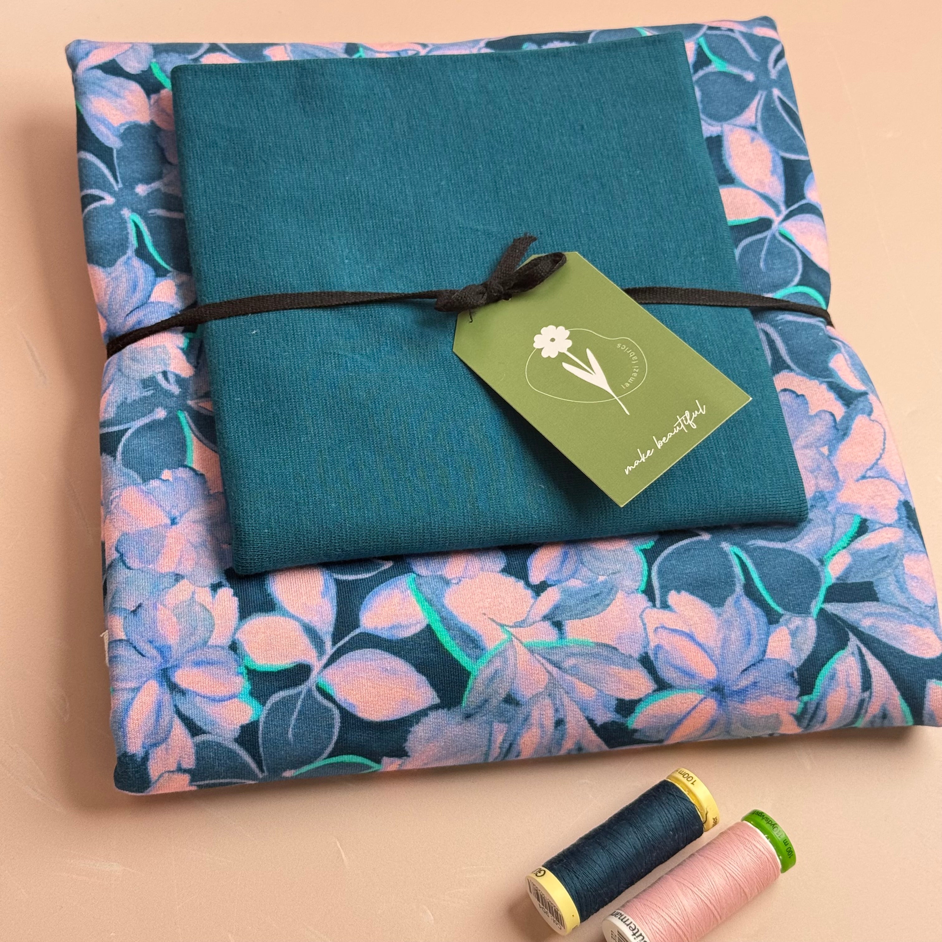 Colour Bundles - Painted Petals Petrol Cotton French Terry & Matching Ribbing