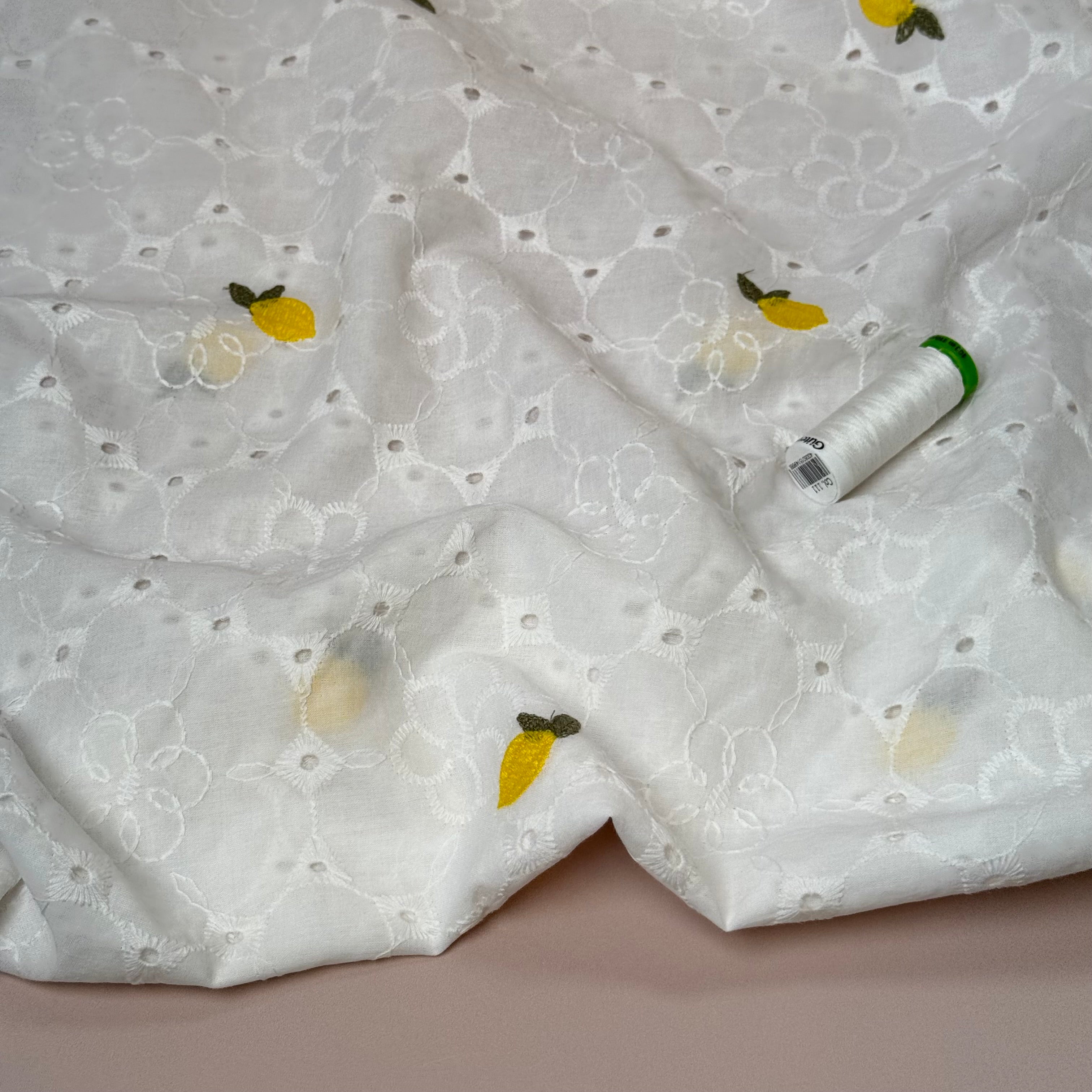 Embroidered Lemons White Cotton Voile Fabric