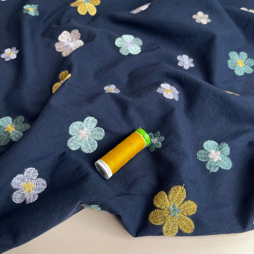 Embroidered Flowers on Navy Cotton Voile Fabric
