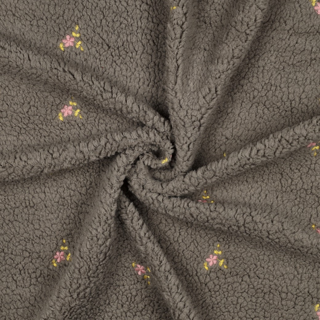 Teddy Fabric with Embroidered Flowers in Grey