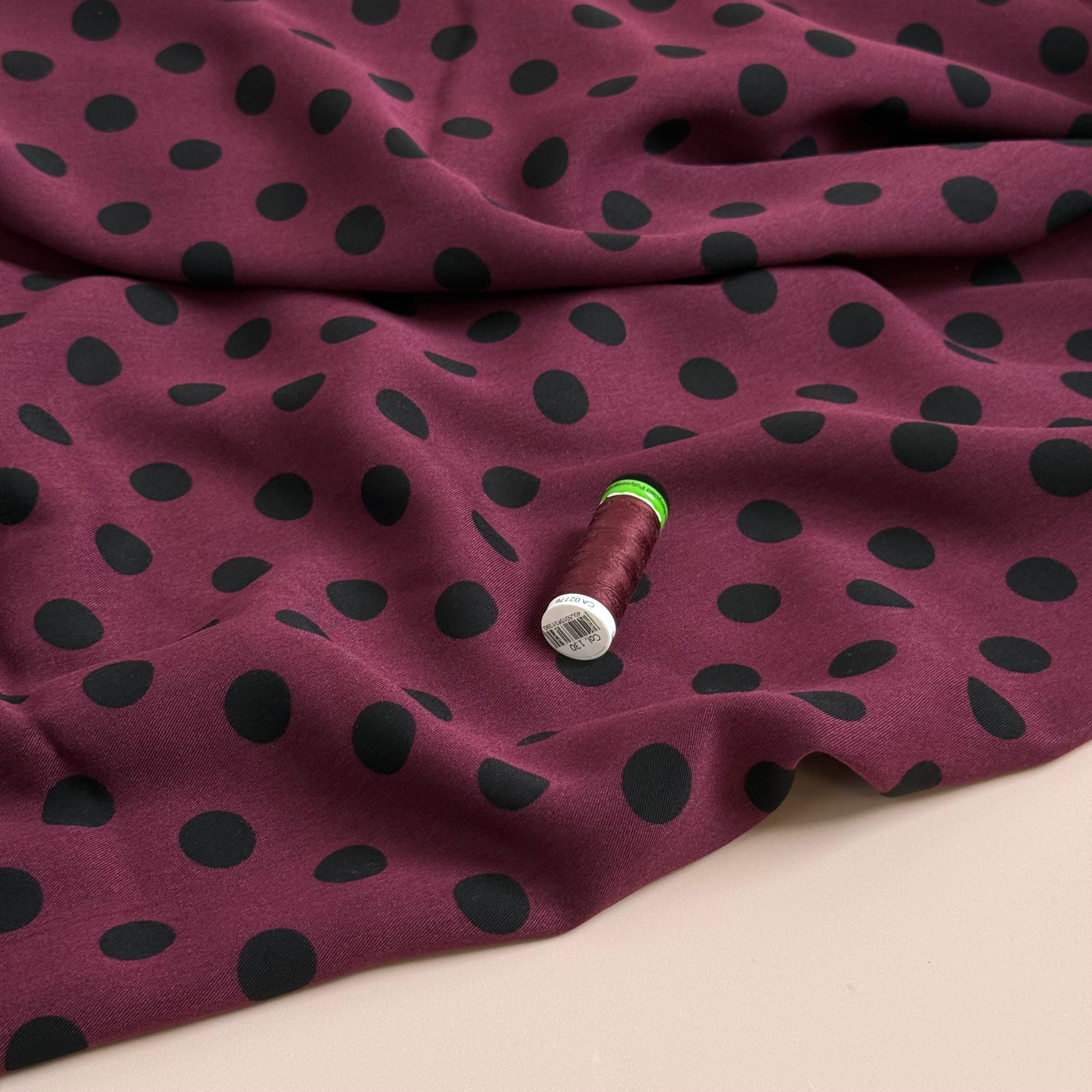 Classic Polka Wine Viscose Twill Fabric