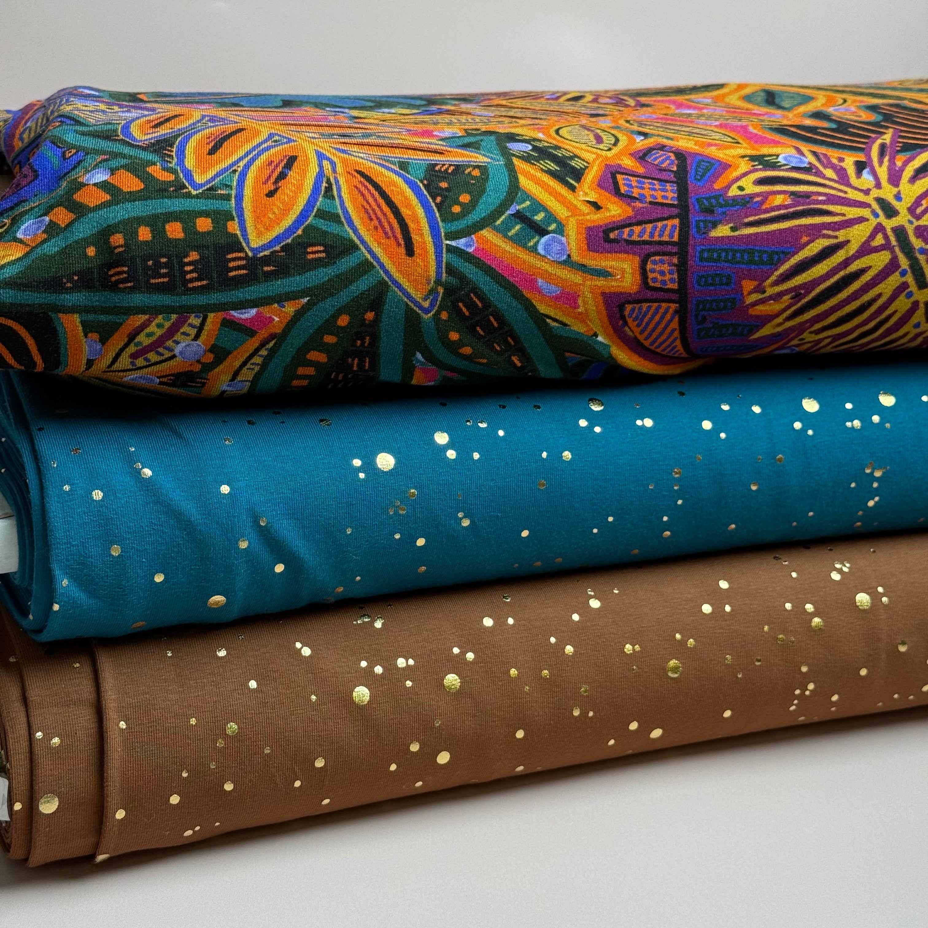 Gold Confetti on Brown Cotton Jersey Fabric