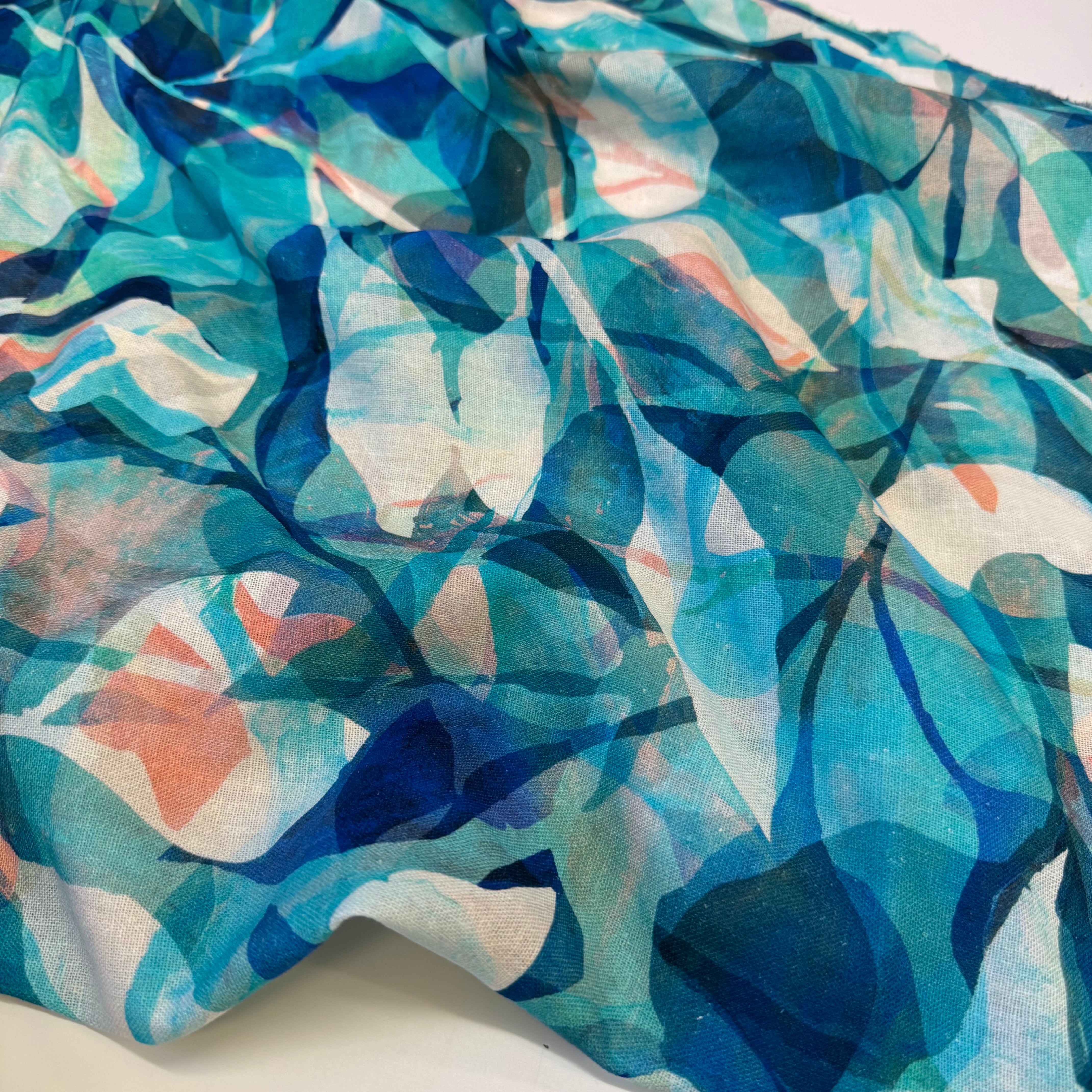 Painted Foliage Turquoise Linen Viscose Blend Fabric