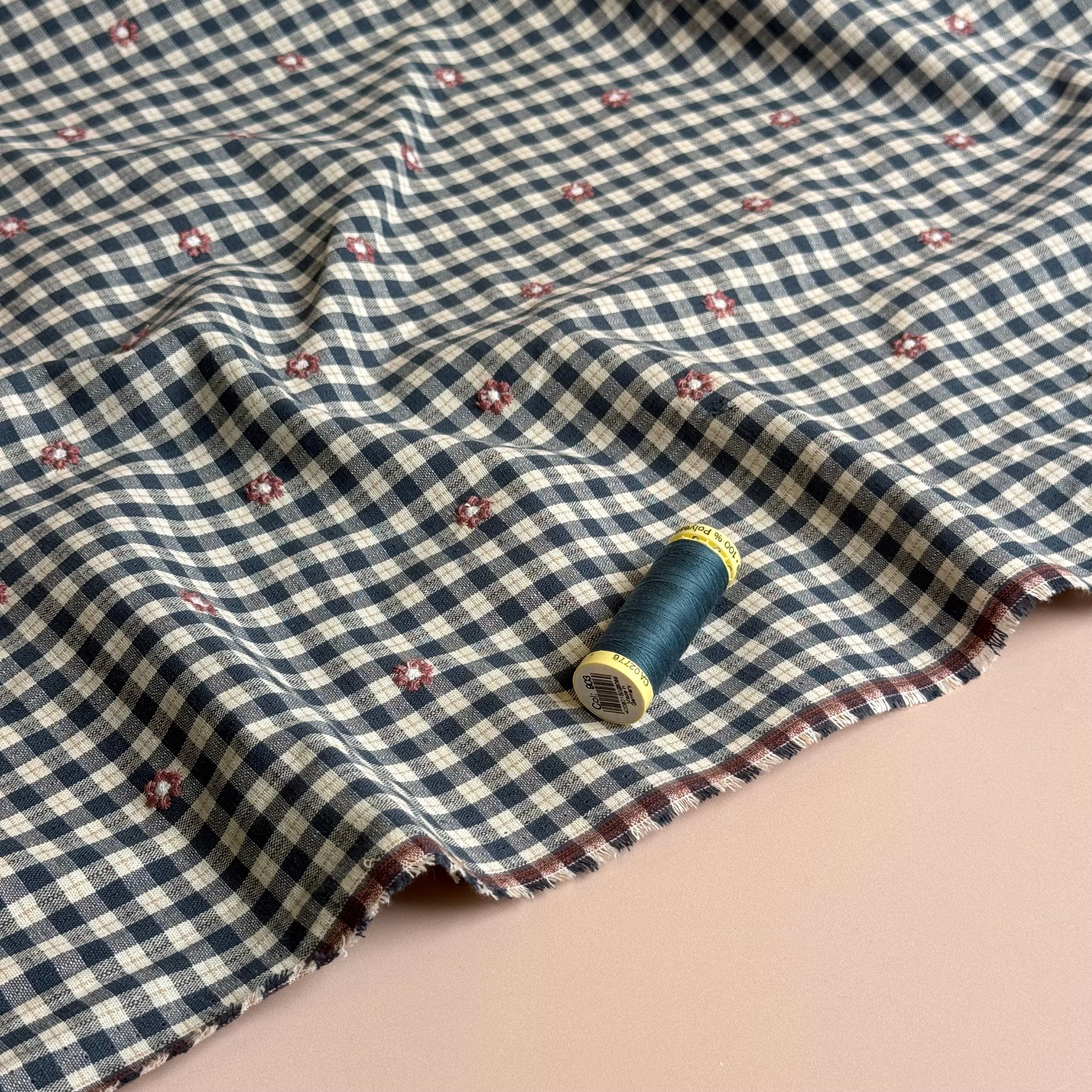 PRE-ORDER (arriving by end of October) - Embroidered Flowers on Petrol Gingham Cotton Viscose Fabric
