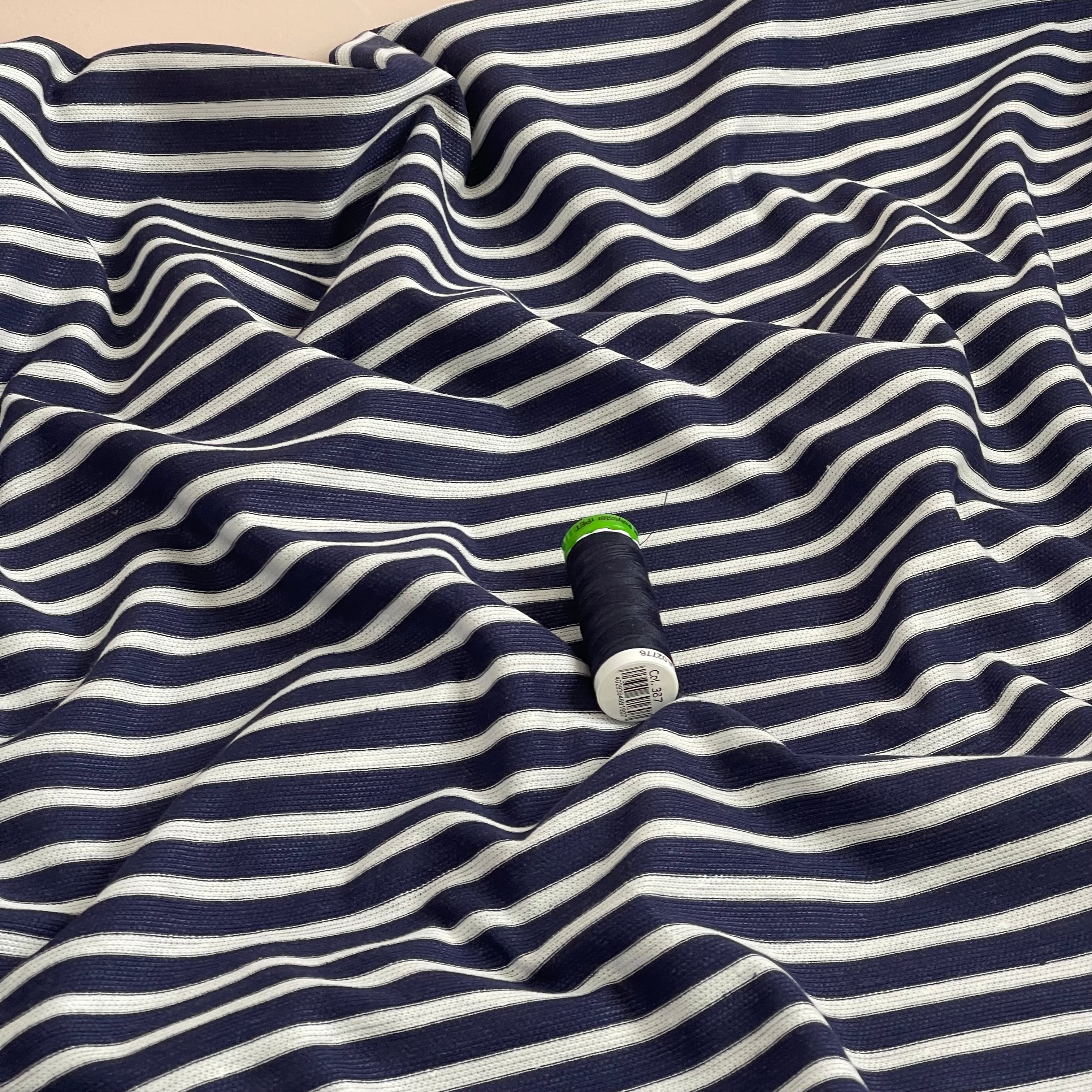 Ex-Designer Deadstock - Italian Linen Cotton blend jersey in Navy & White Stripes