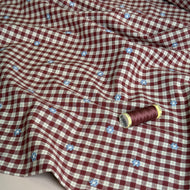 Embroidered Flowers on Rosewood Gingham Cotton Viscose Fabric