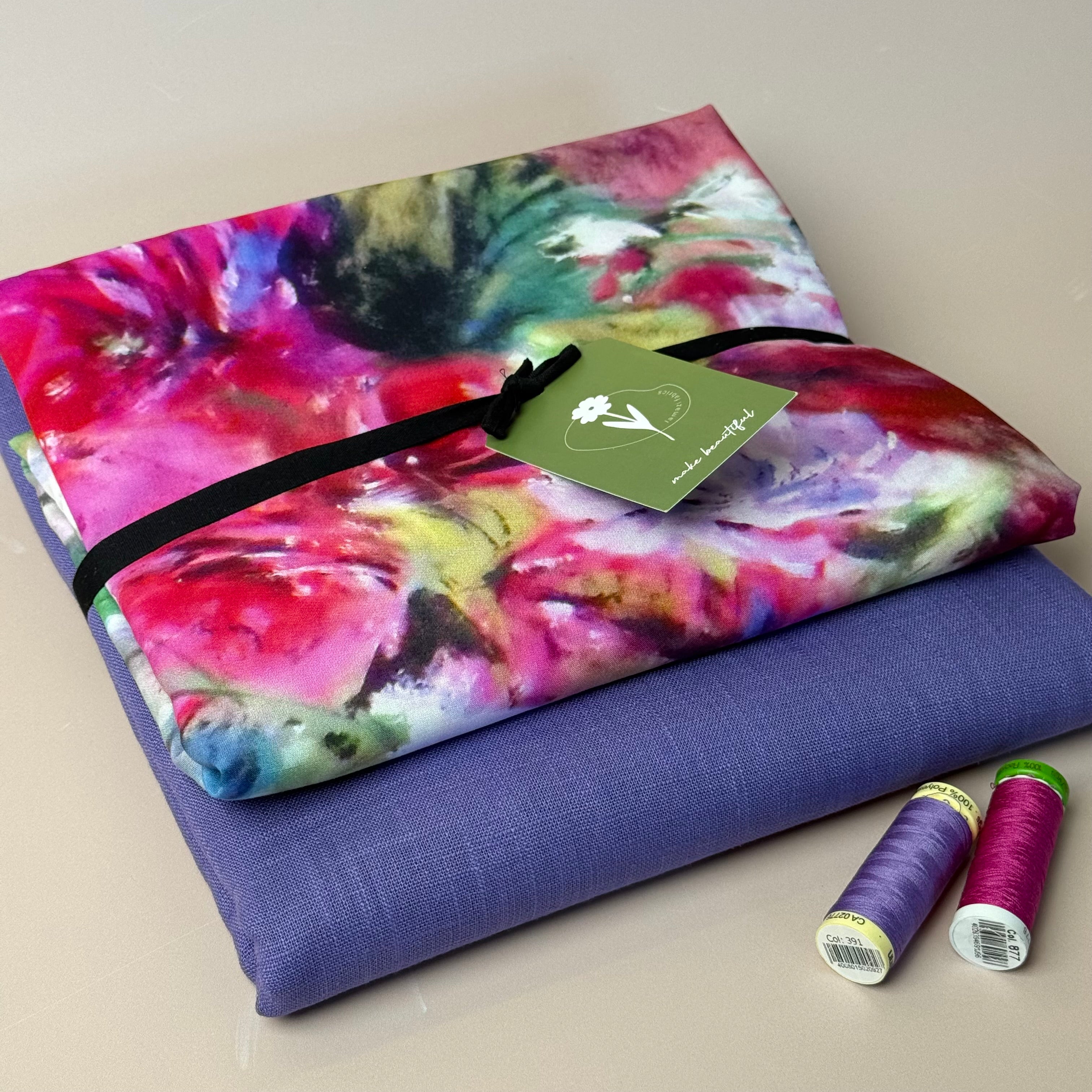 Make an Outfit Colour Bundle - Abstract Watercolour Florals Viscose with Breeze Violet Purple Linen