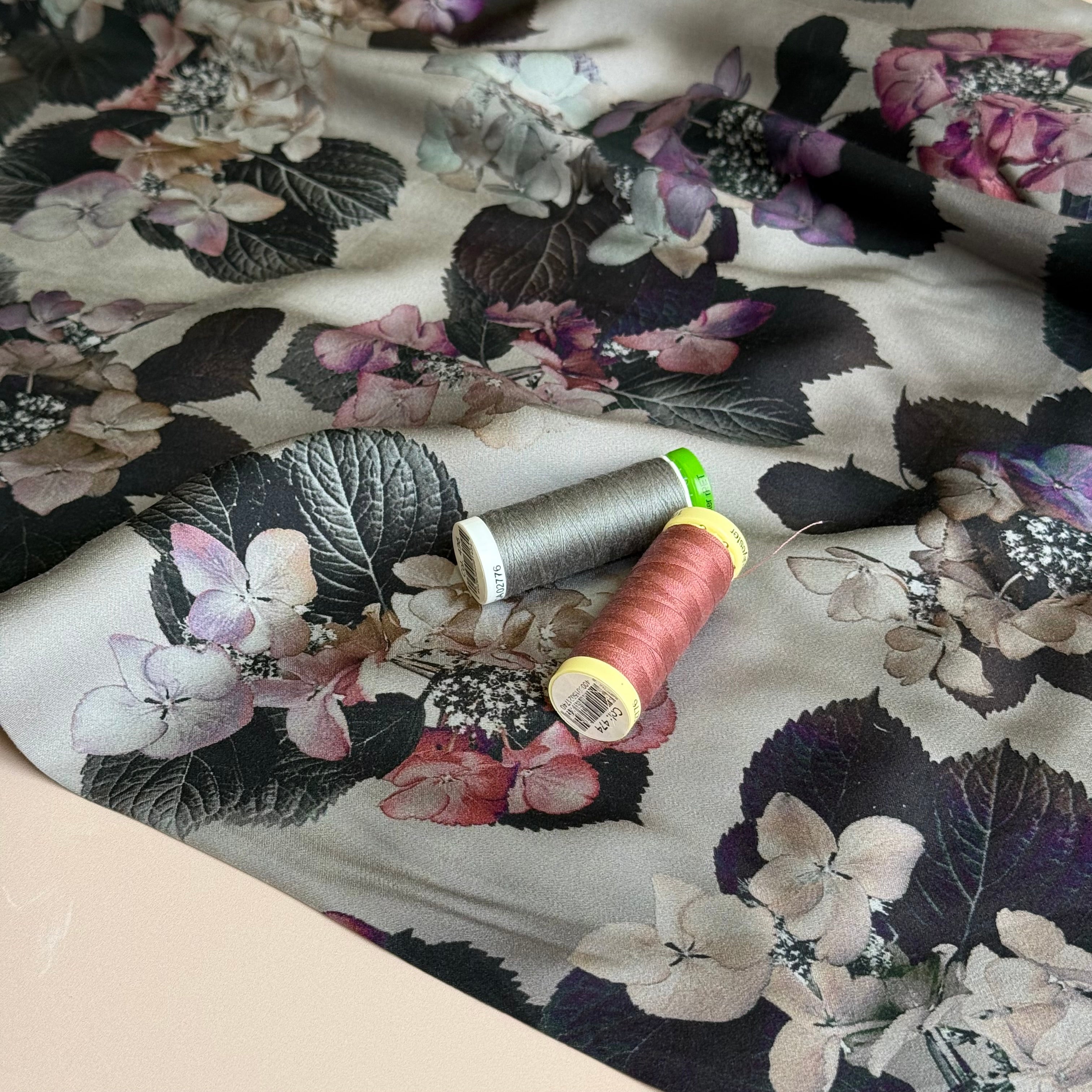 Hydrangeas on Silver Viscose Sateen Fabric