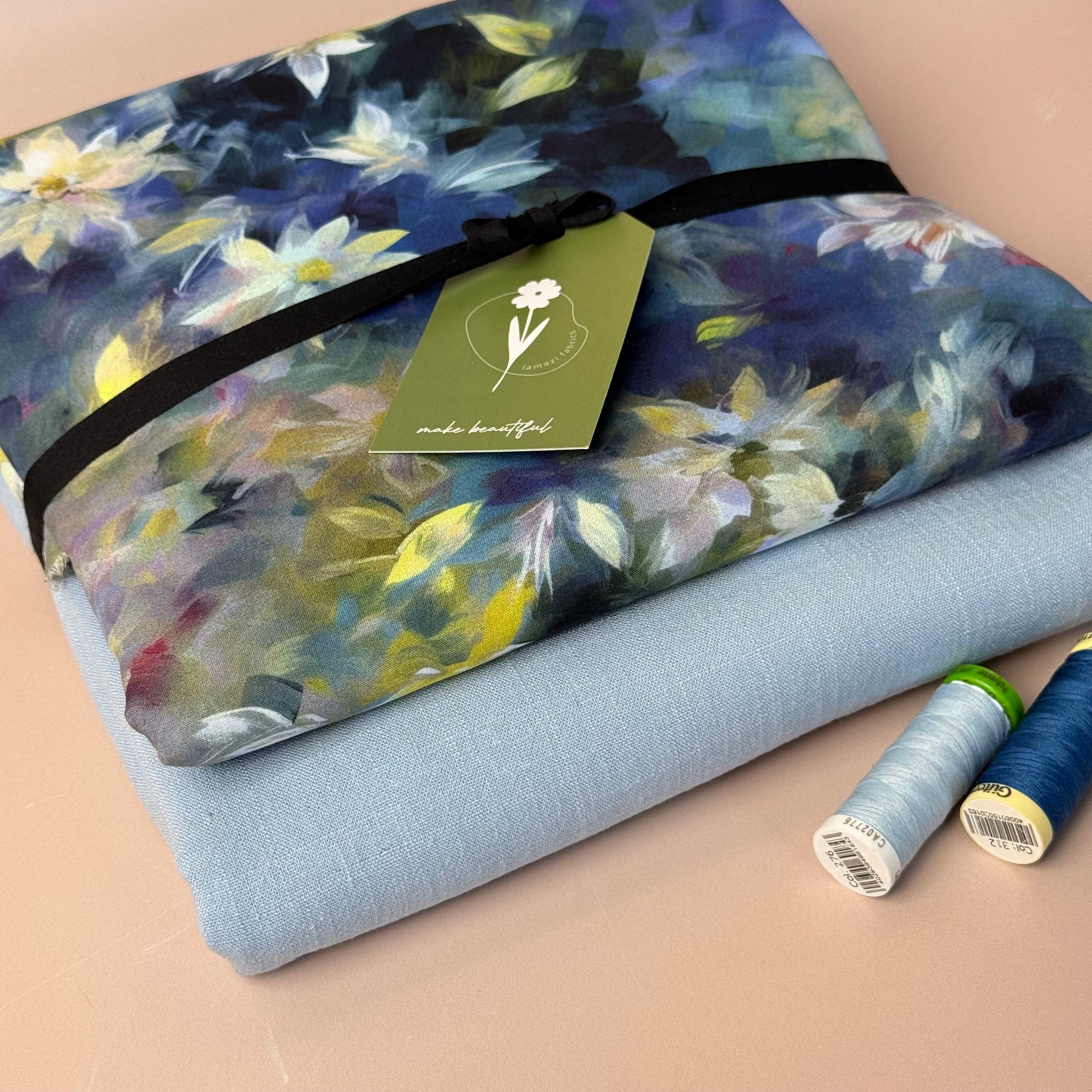 Make an Outfit Colour Bundle - Watercolour Flowers Viscose with Blue Flow Linen Blend