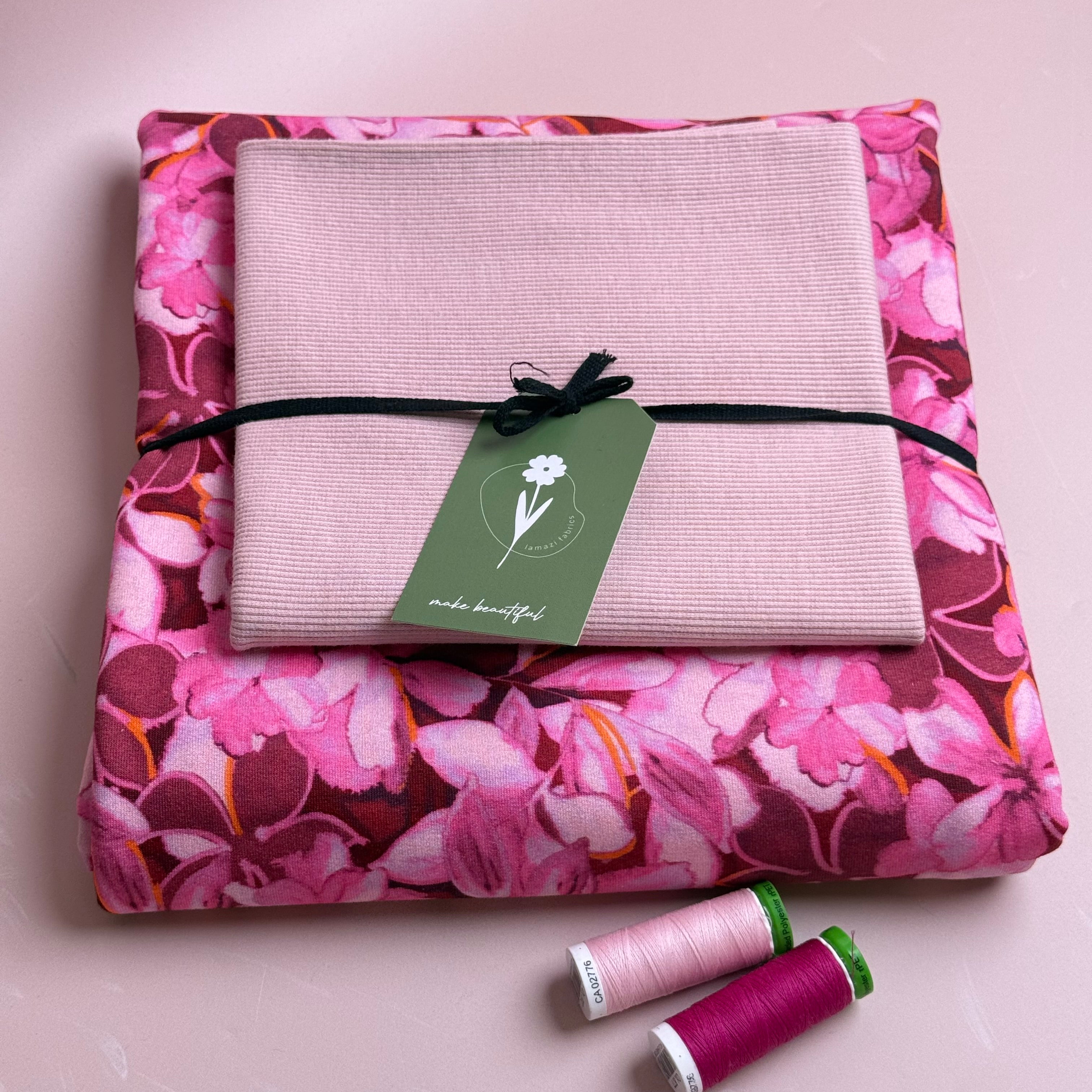 Colour Bundles - Painted Petals Red Cotton French Terry & Matching Ribbing