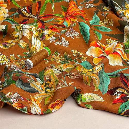 Watercolour Tropics on Appricot Viscose Poplin Fabric
