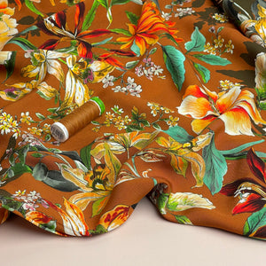 Watercolour Tropics on Appricot Viscose Poplin Fabric