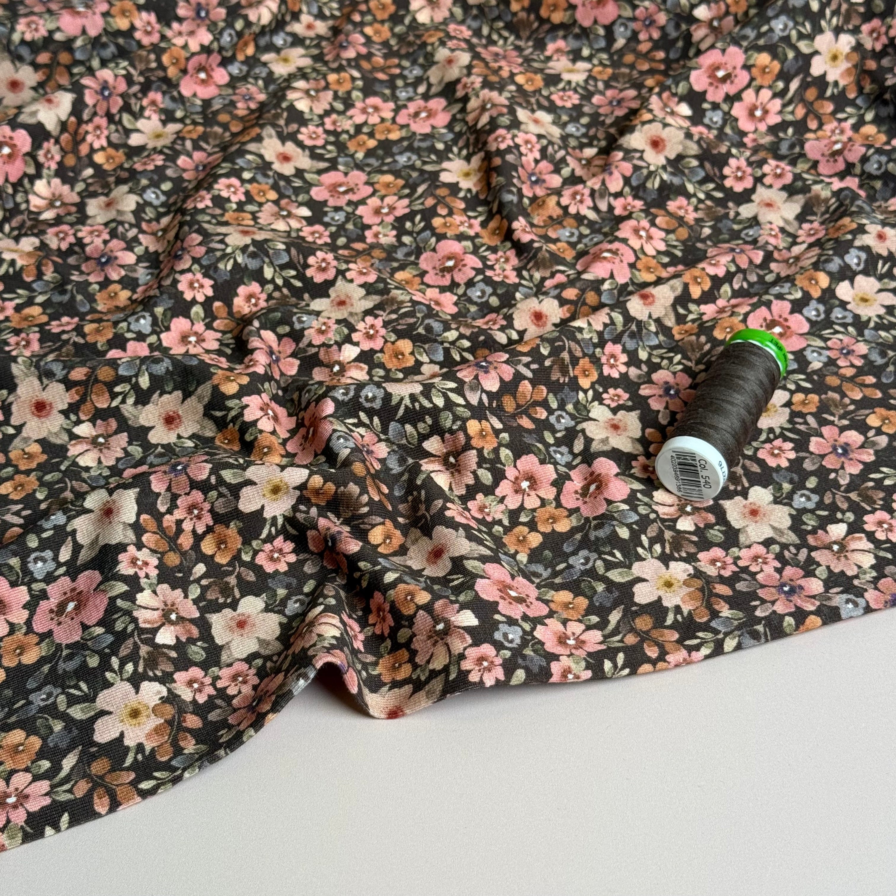 Ditsy Autumn Flowers on Brown Cotton Jersey Fabric