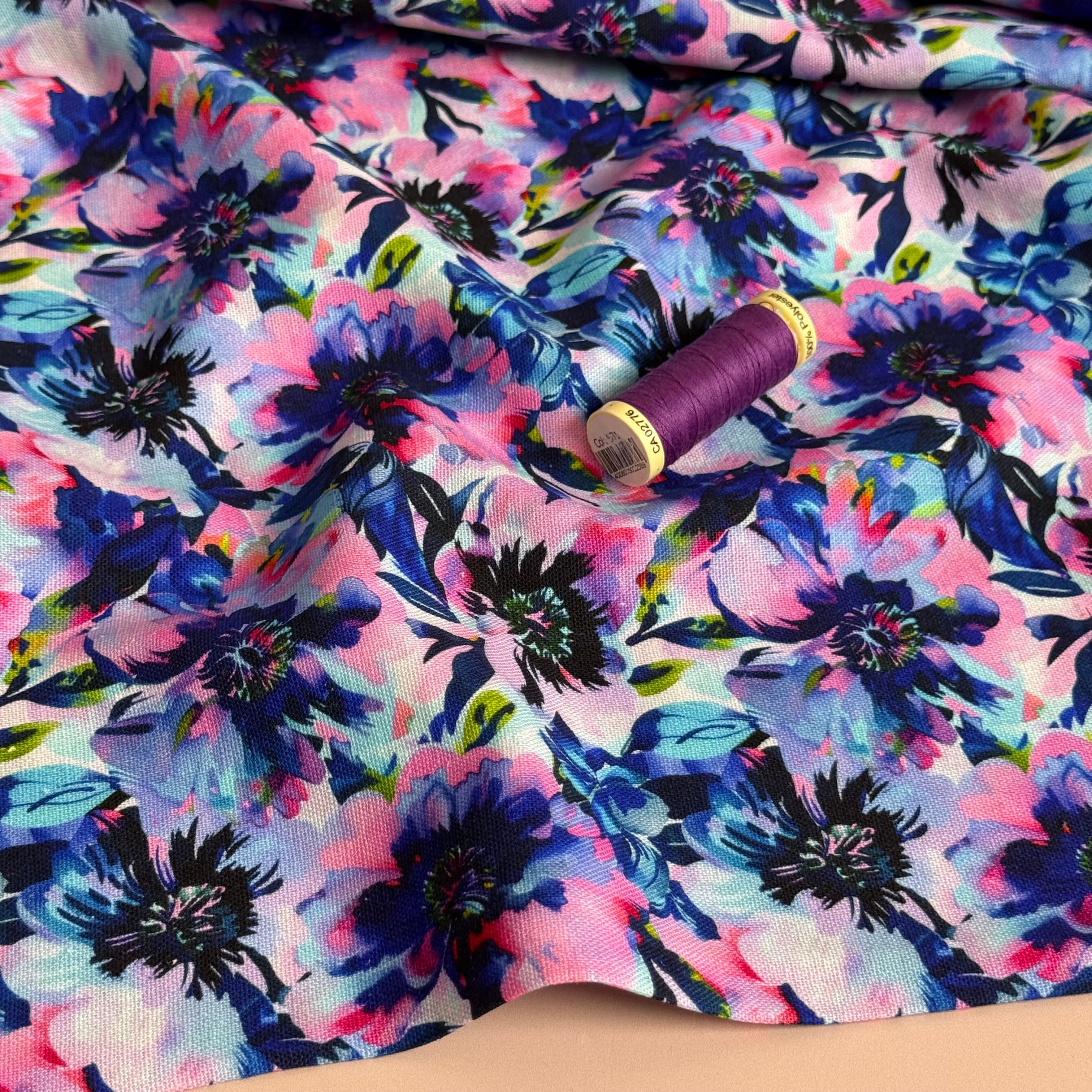 Purple Flowers Viscose Linen Fabric