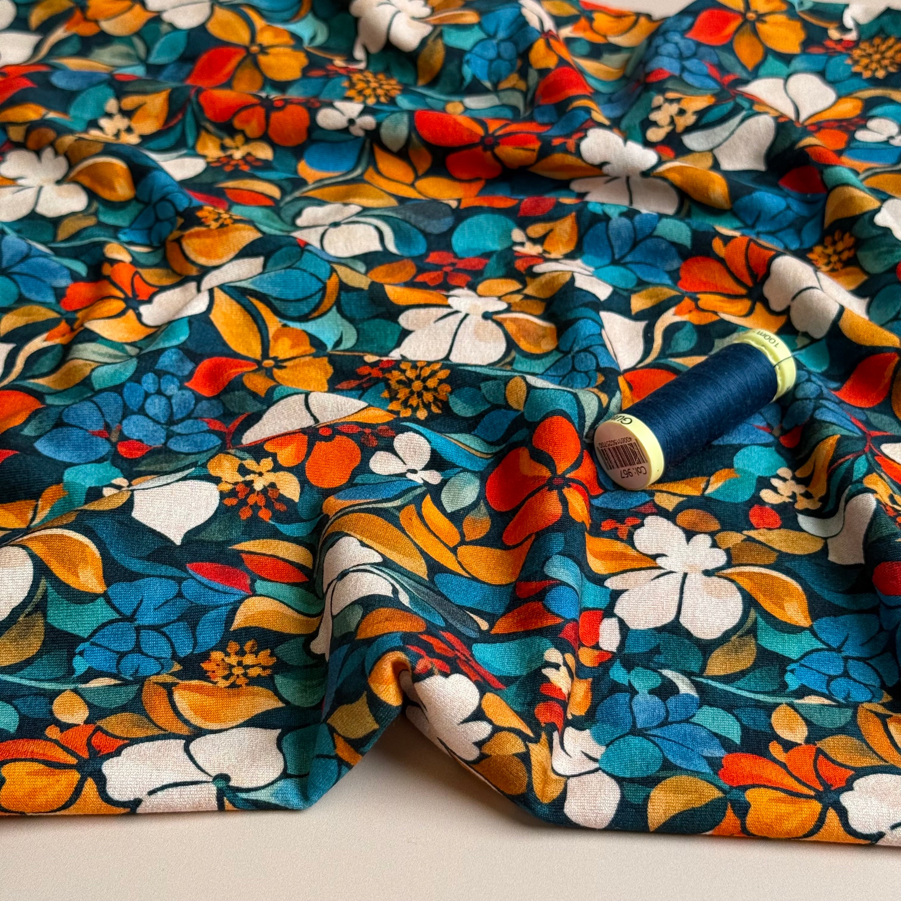 Autumn Flower Petals Petrol Viscose Jersey Fabric