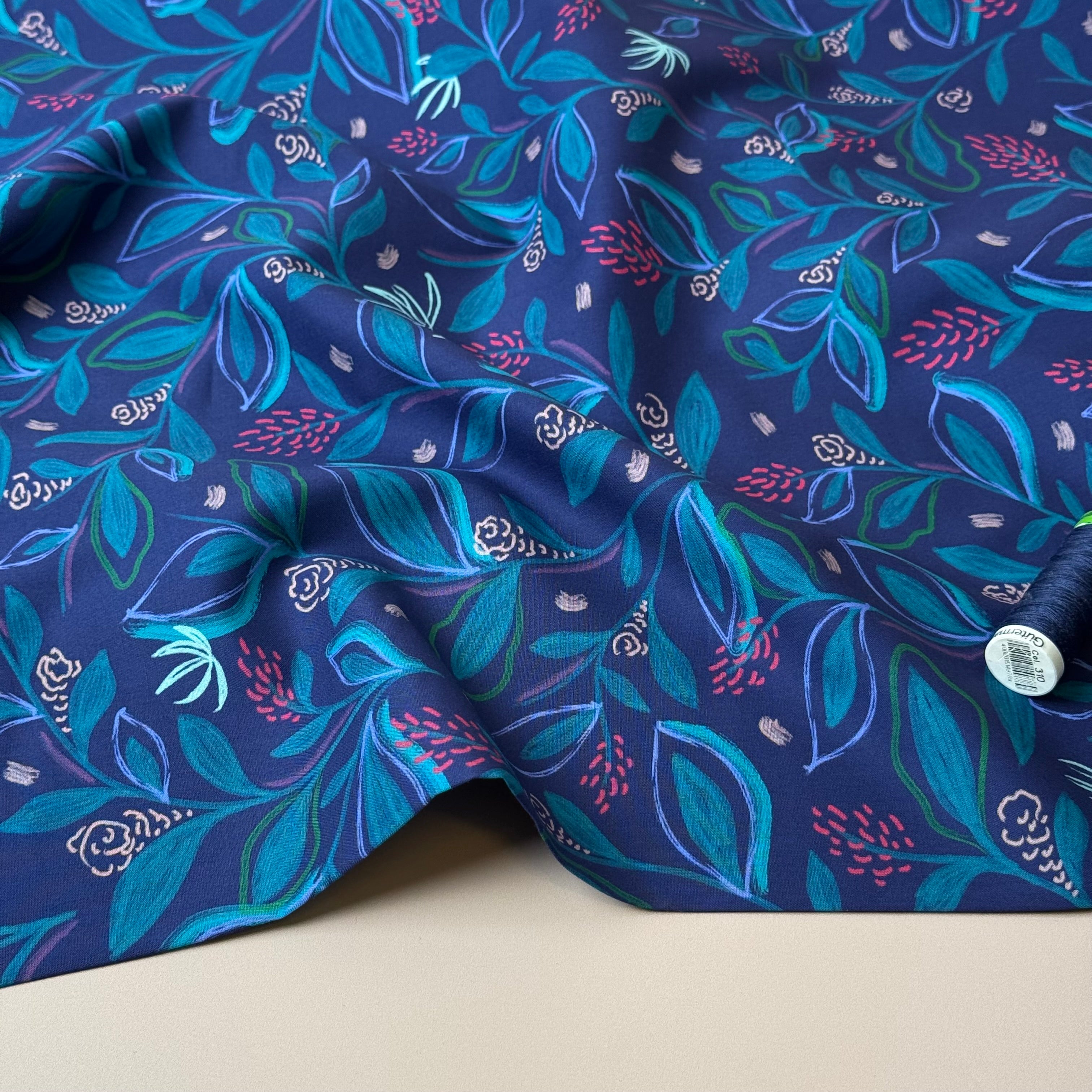 Flowering Branches in Blue Fine Cotton Poplin Fabric