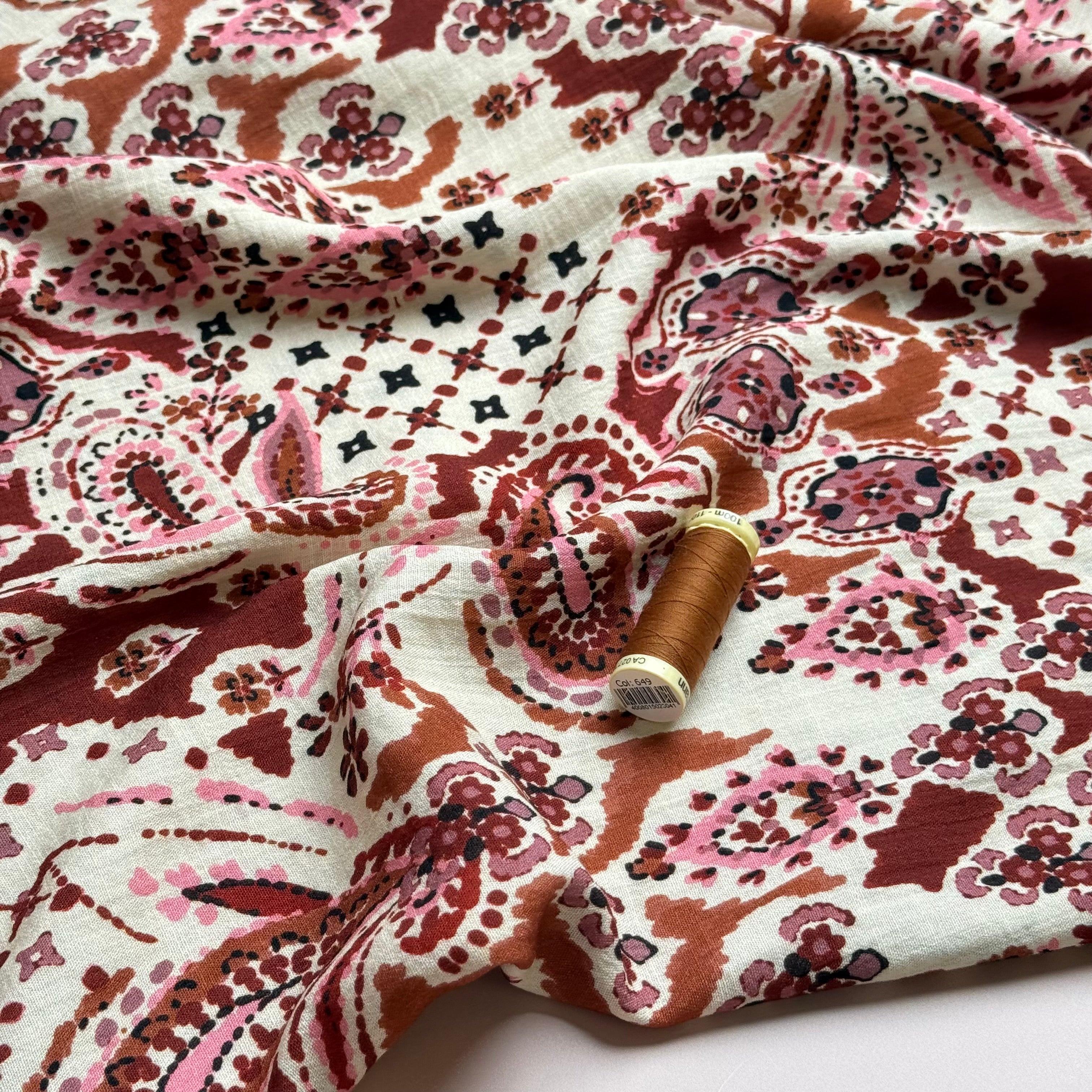 Deadstock - Autumn Paisley Rust Textured Viscose Fabric