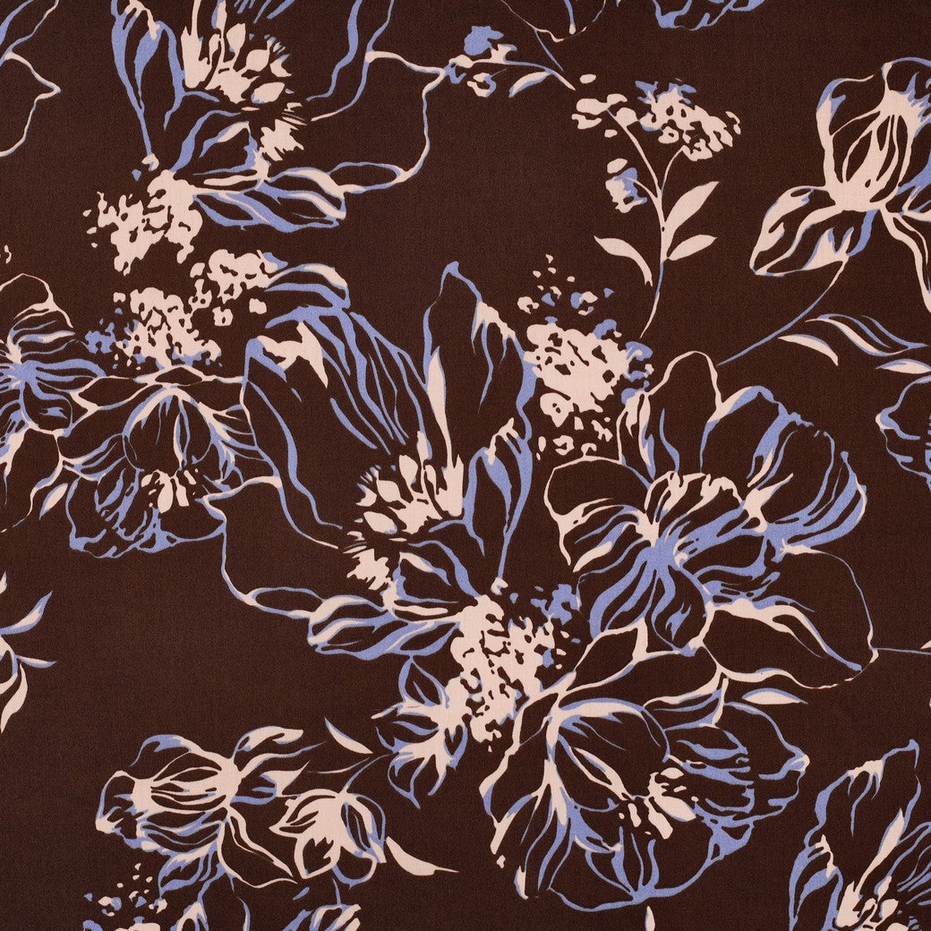 Line Flowers on Brown Cotton Sateen Fabric