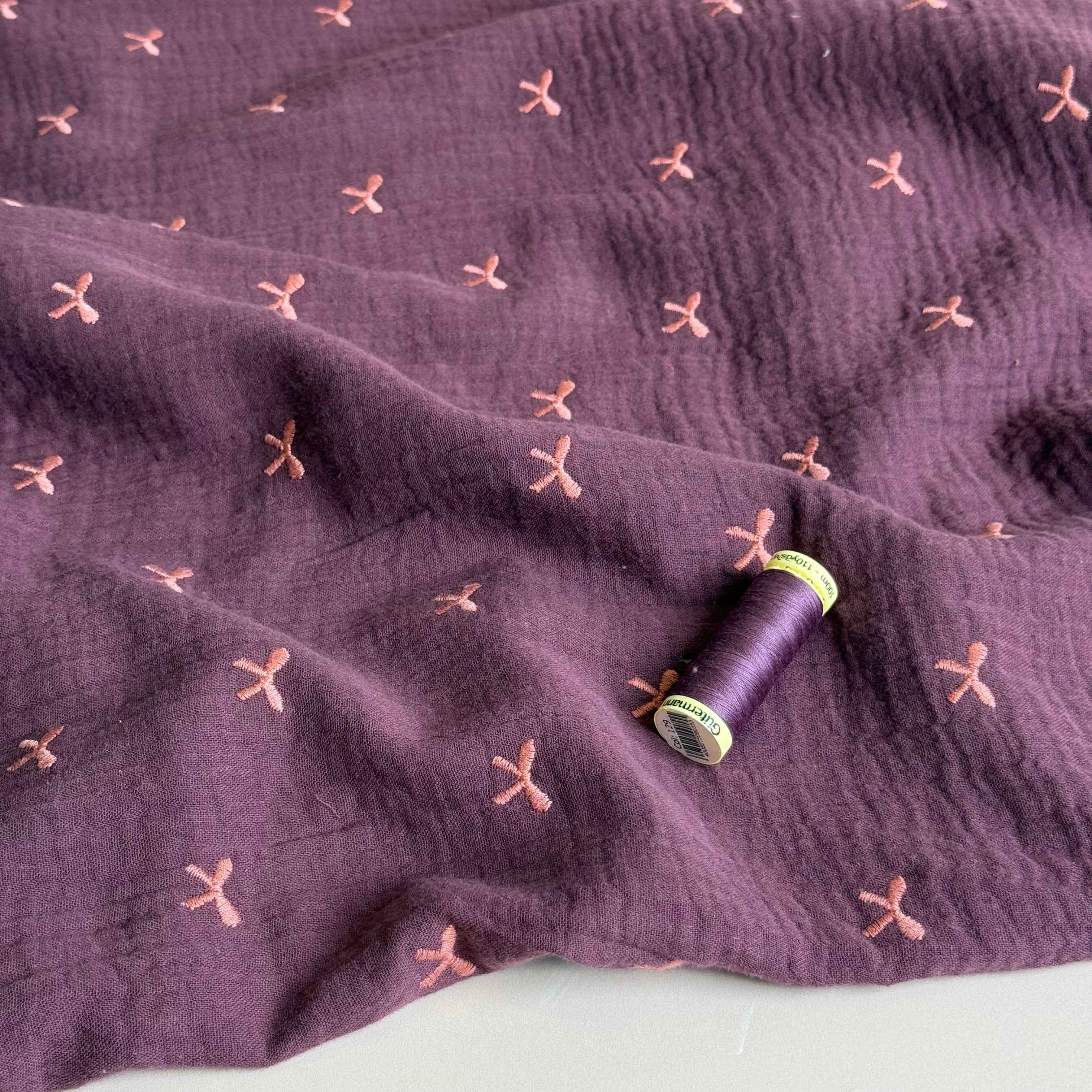 Embroidered Pink Bows on Burgundy Cotton Double Gauze