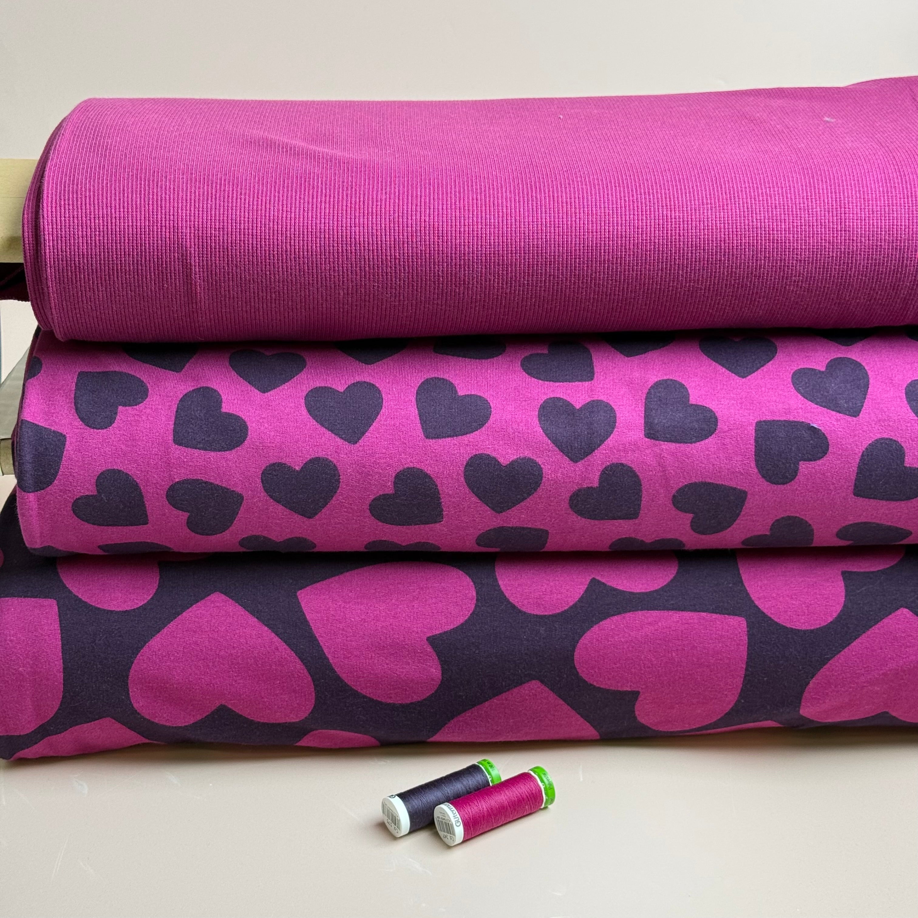 Purple Hearts on Pink Peach Soft Cotton Sweat-shirting Fabric