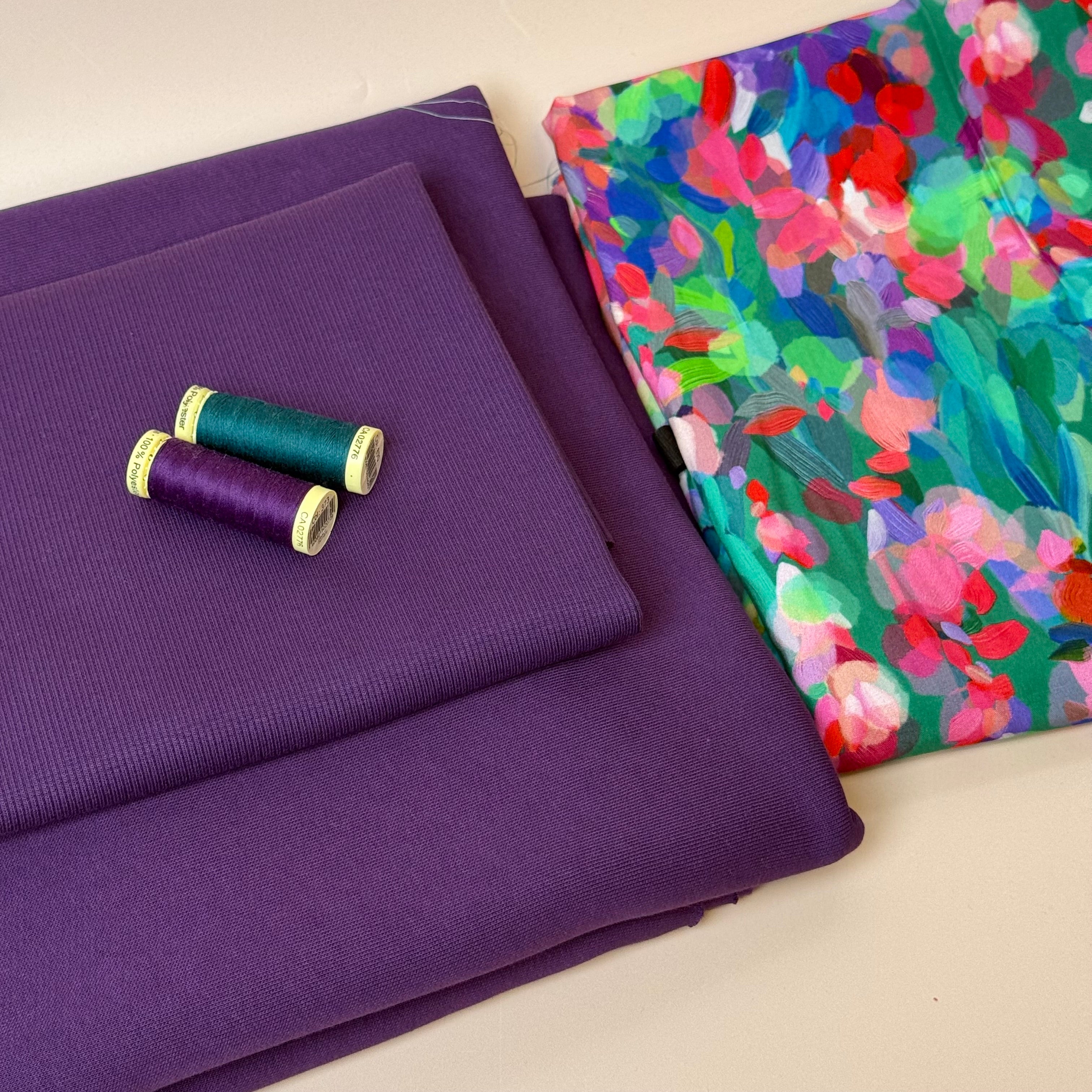 Make an Outfit Colour Bundle - Lupine Petals Viscose & Brushed Sweatshirt in Plum with Ribbing