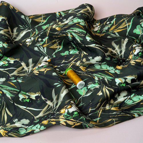 REMNANT 1.88 Metres - Autumn Foliage Dark Green Viscose Sateen Fabric