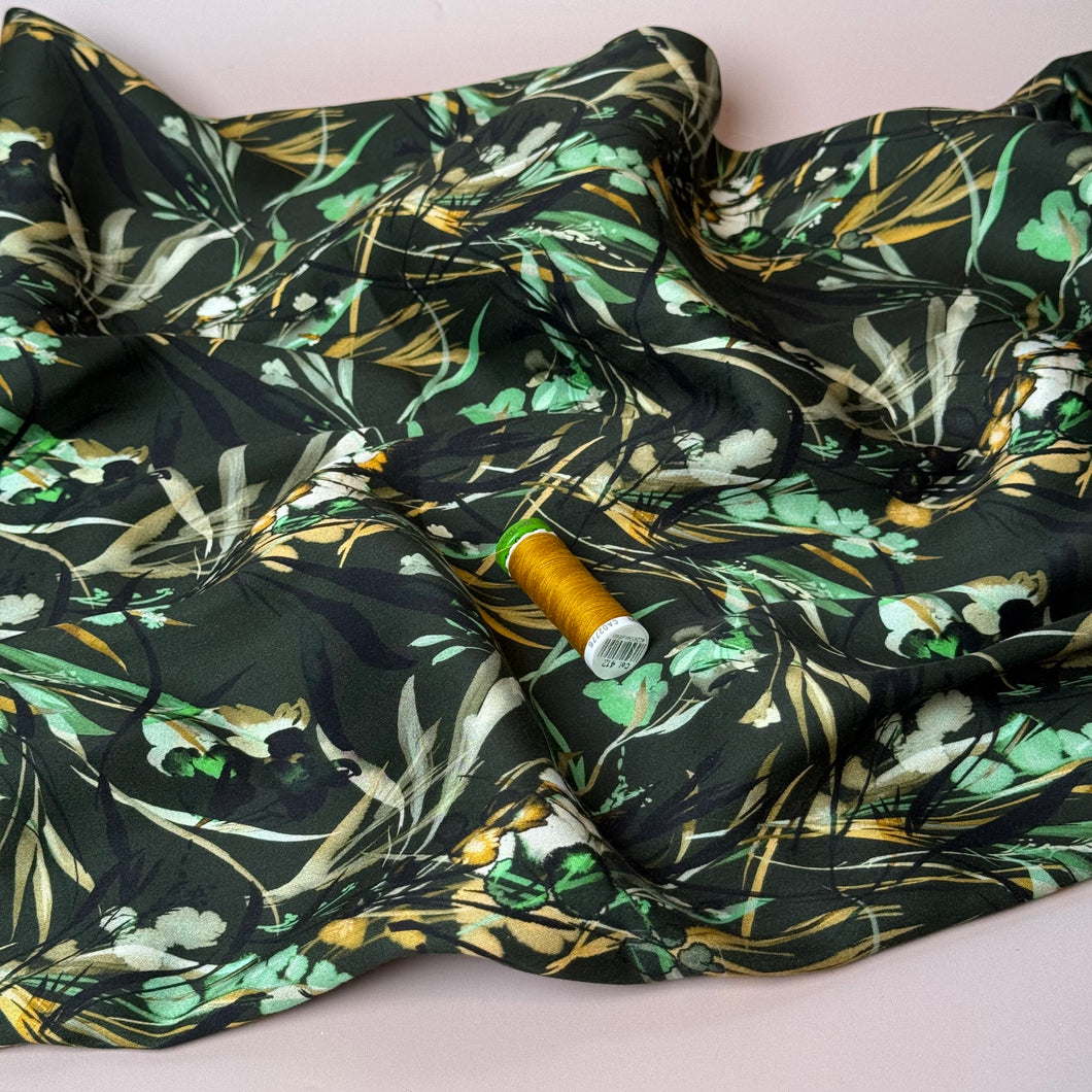 REMNANT 1.88 Metres - Autumn Foliage Dark Green Viscose Sateen Fabric