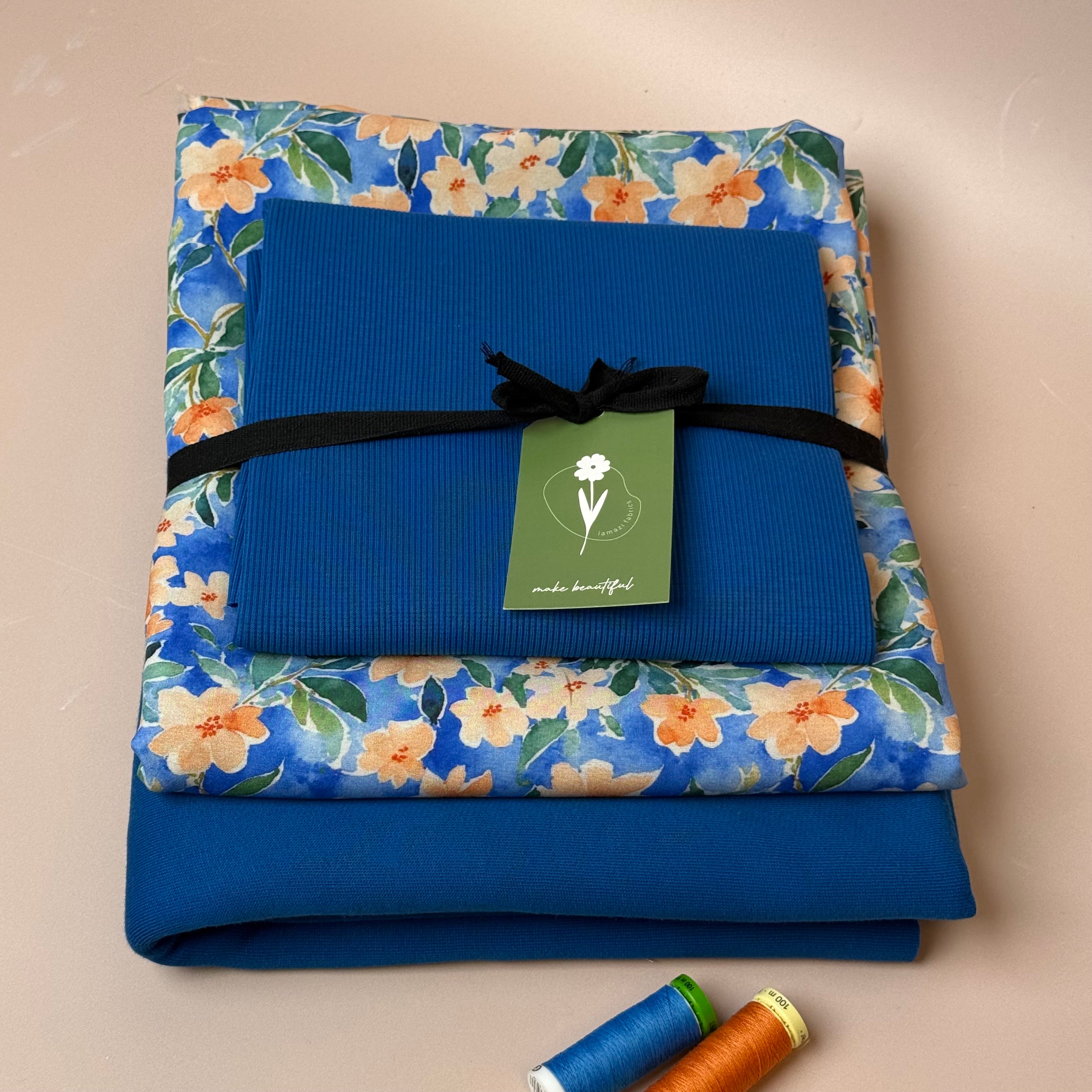 Make an Outfit Colour Bundle - Peach Flowers Viscose & Brushed Sweatshirt in Intense Blue with Ribbing
