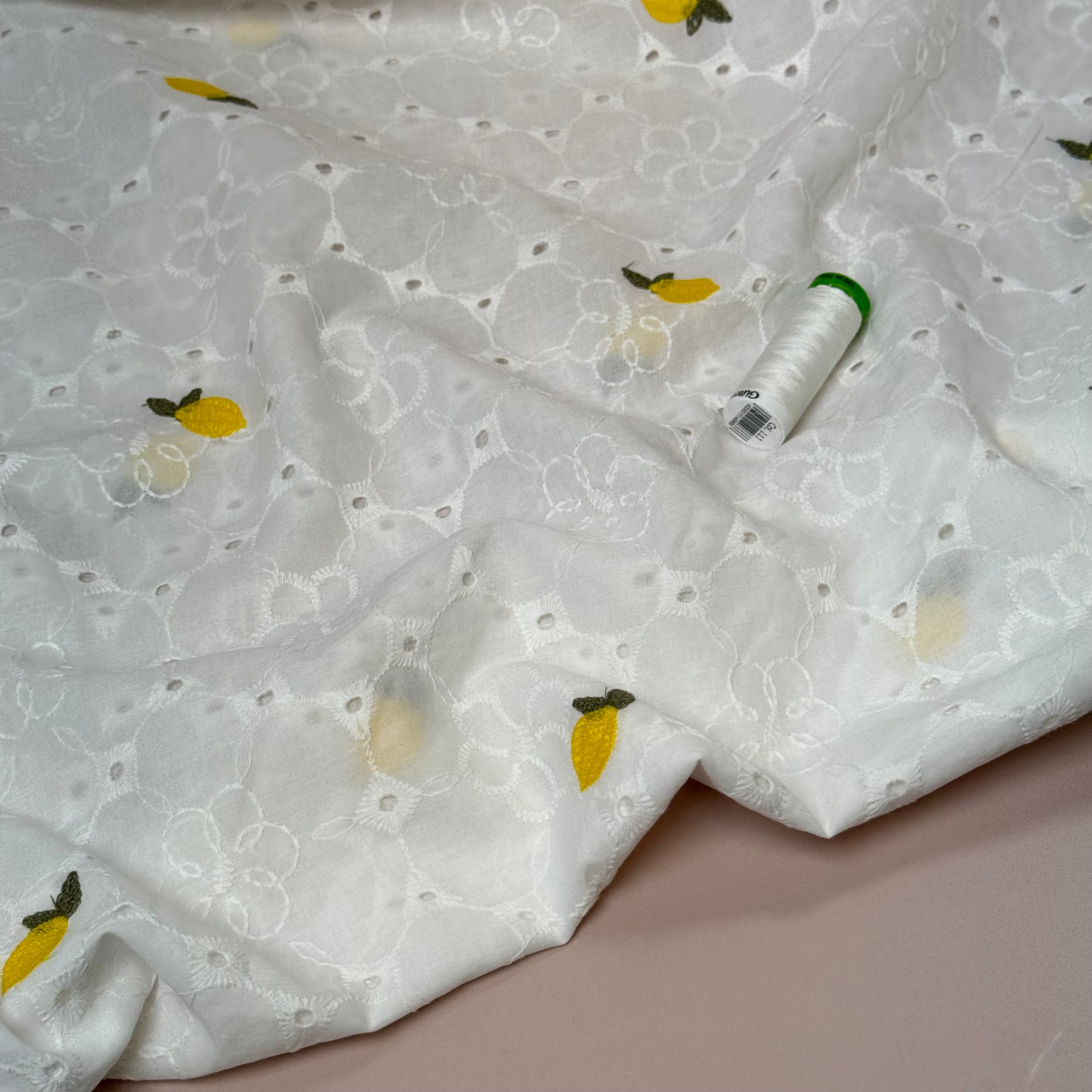 Embroidered Lemons White Cotton Voile Fabric
