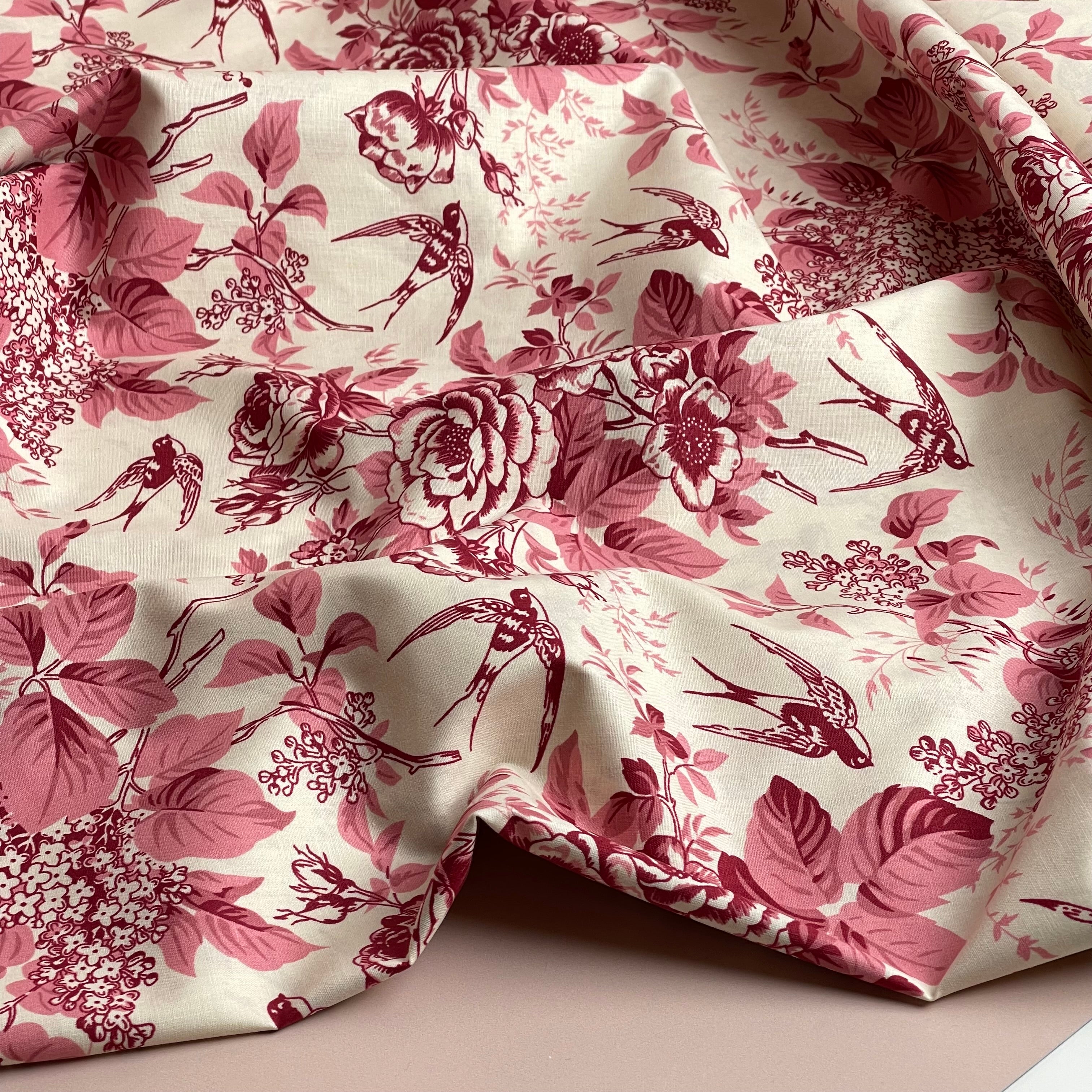 Toile De Jouy Birds in Pink Cotton Poplin