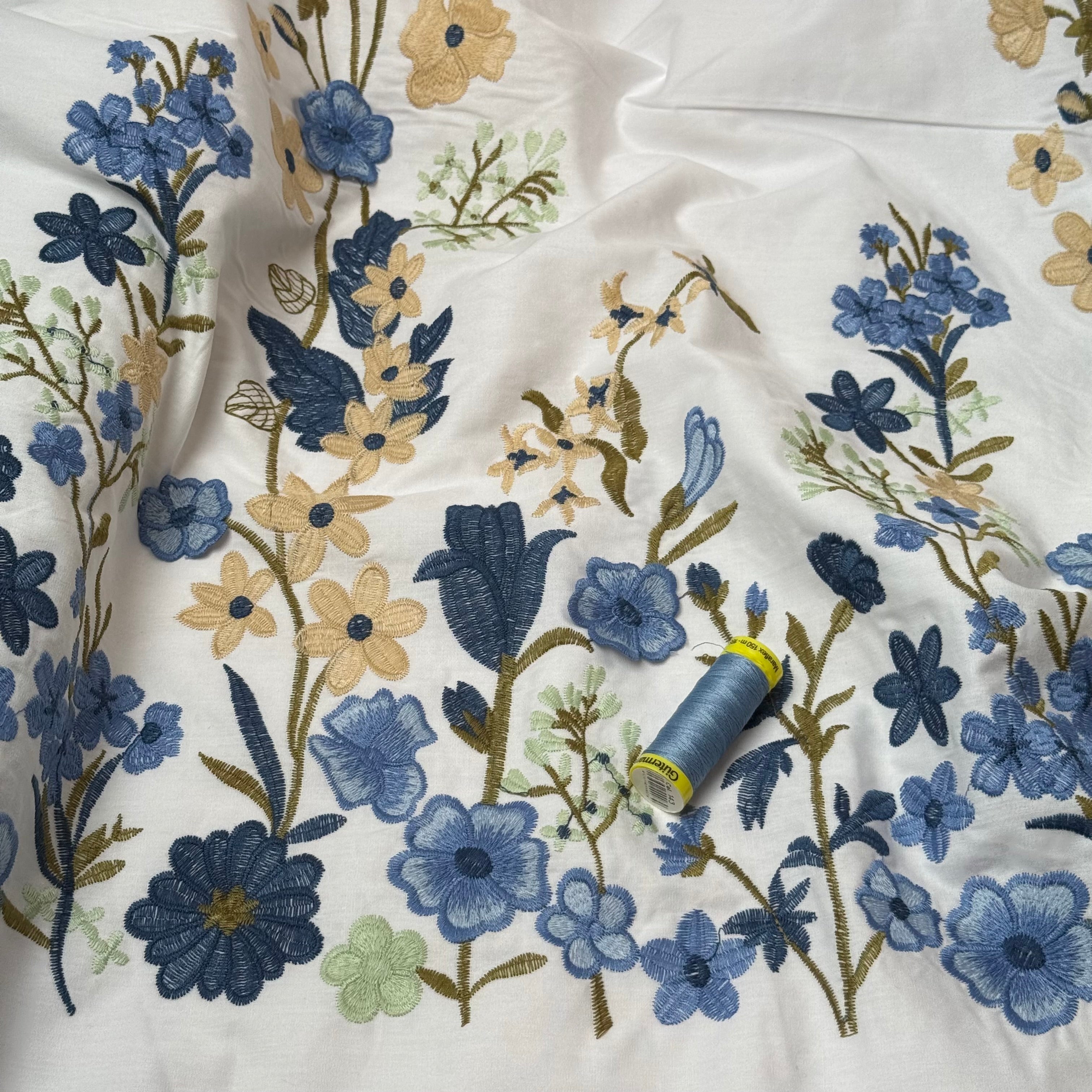 Blue Floral Border Embroidered Cotton Fabric