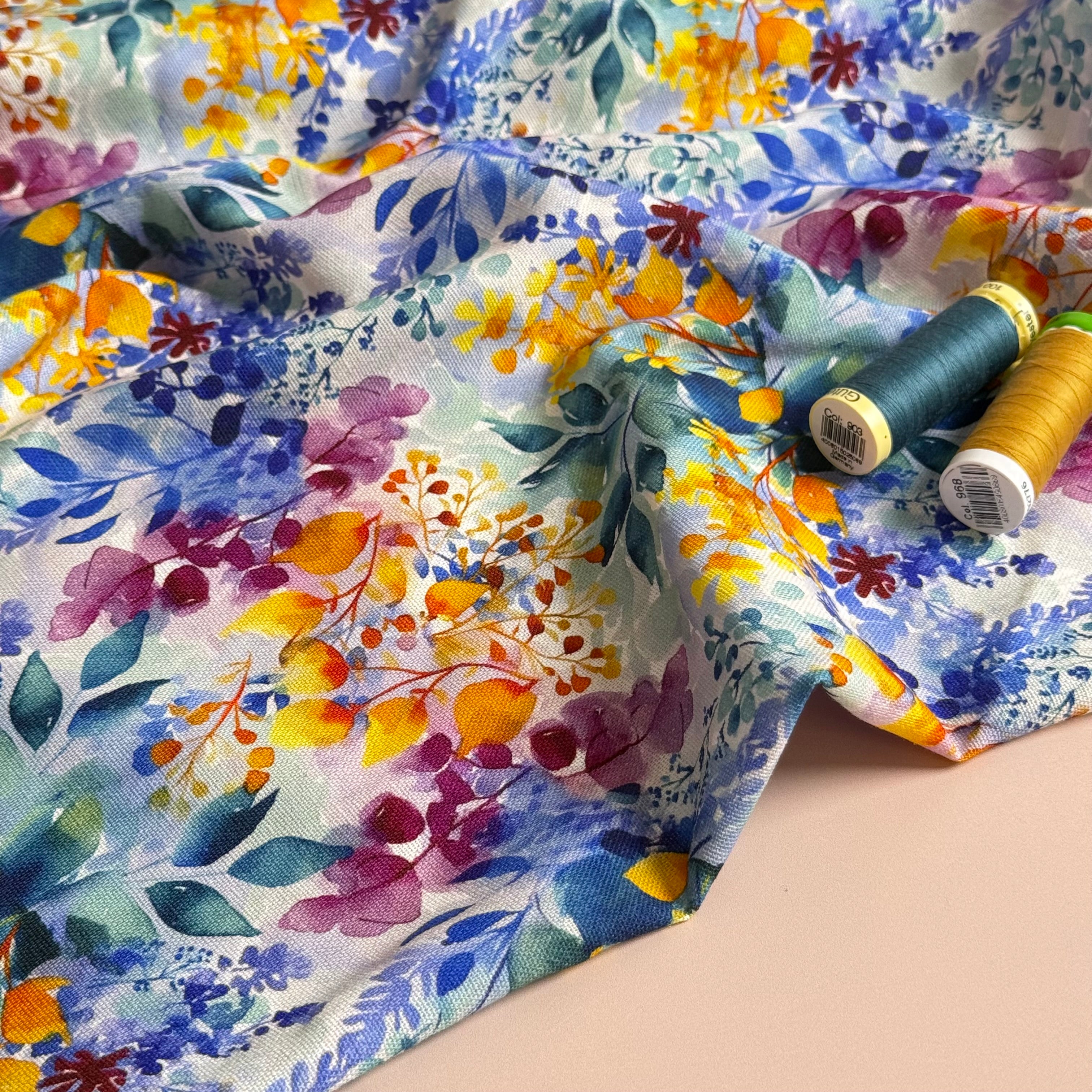 Painted Petals Viscose Linen Fabric