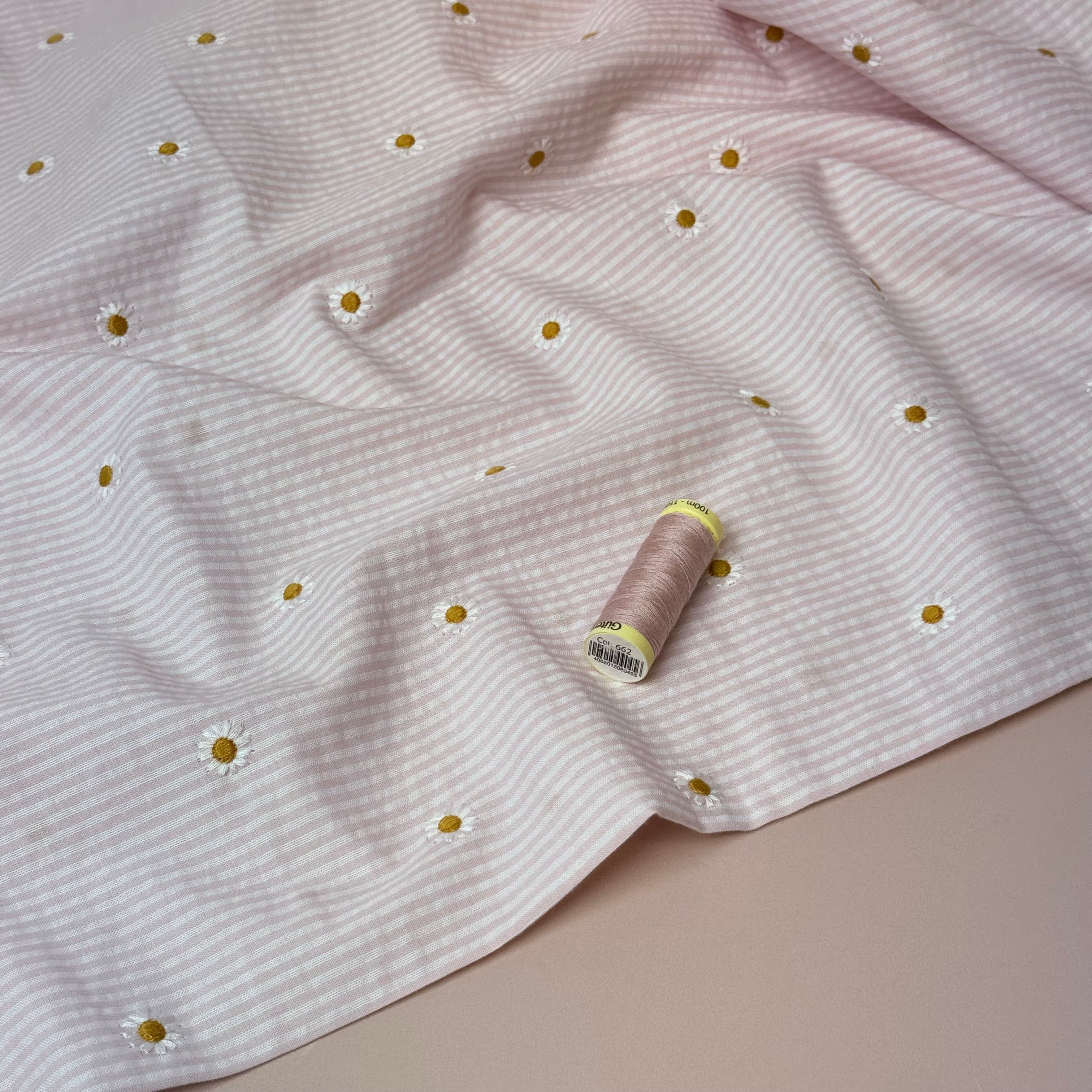 Embroidered Daisies on Pink Striped Cotton Seersucker