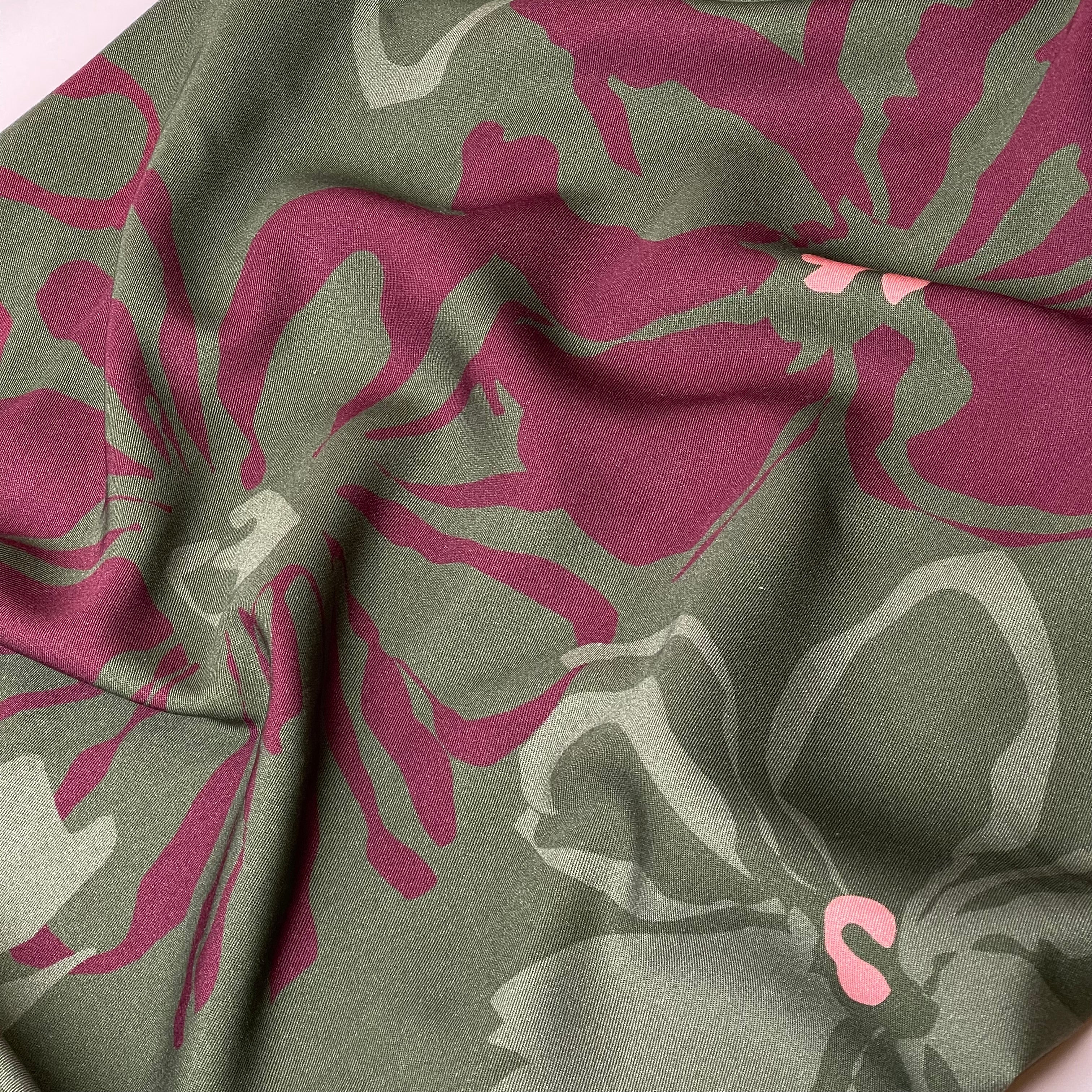 Light & Lush - Burgundy Flowers on Khaki Viscose Twill Fabric