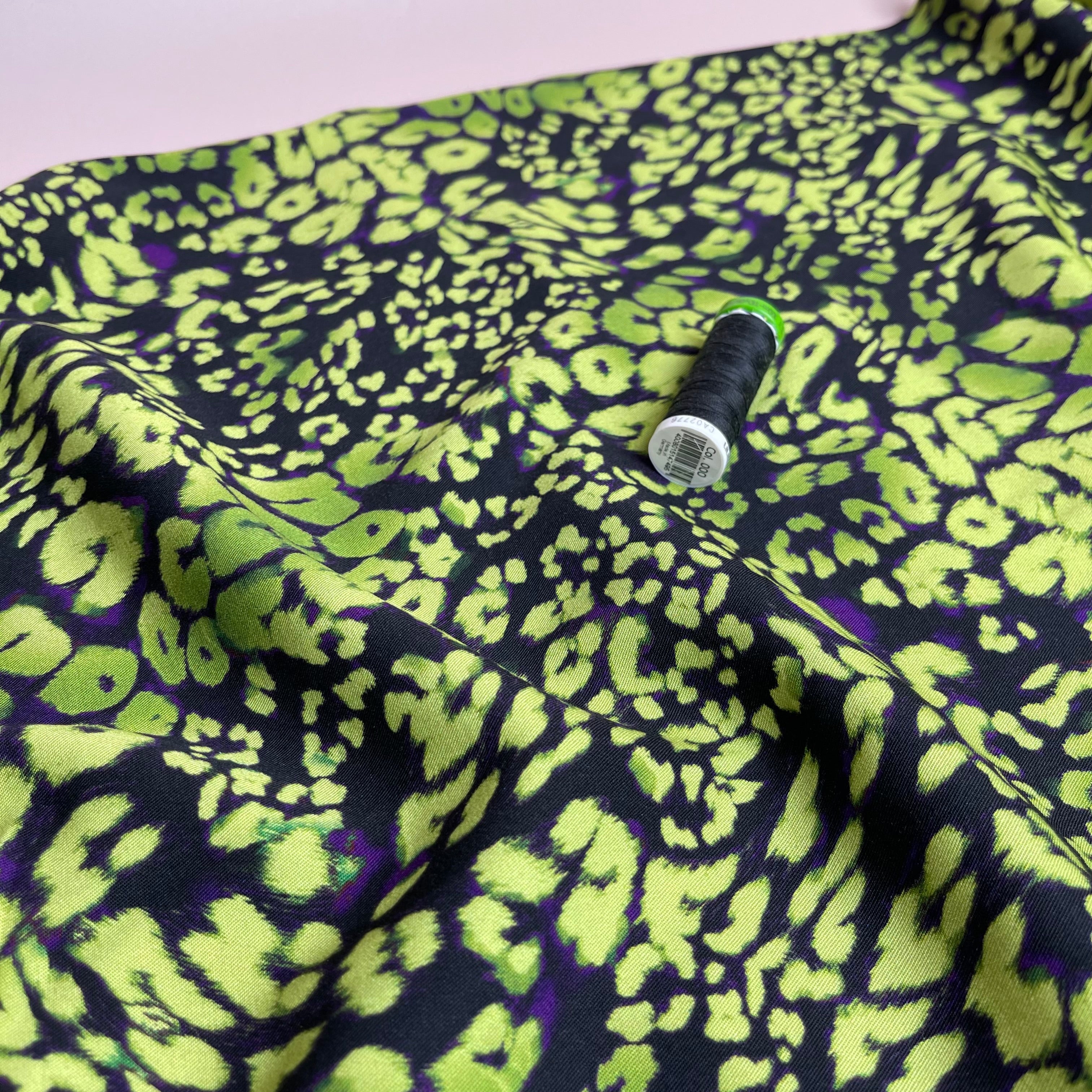 Rosella Lime Green Leopard Viscose Twill with Stretch