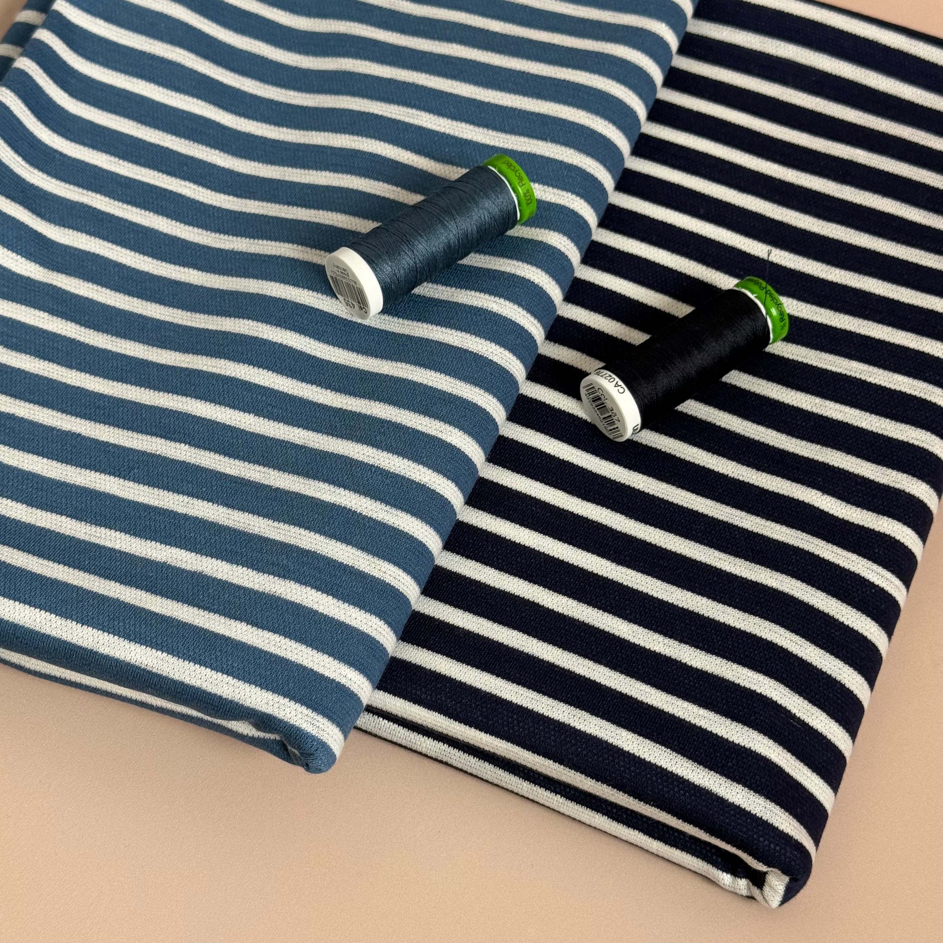 Ex-Designer Deadstock - Italian Linen Cotton blend jersey in Navy & White Stripes