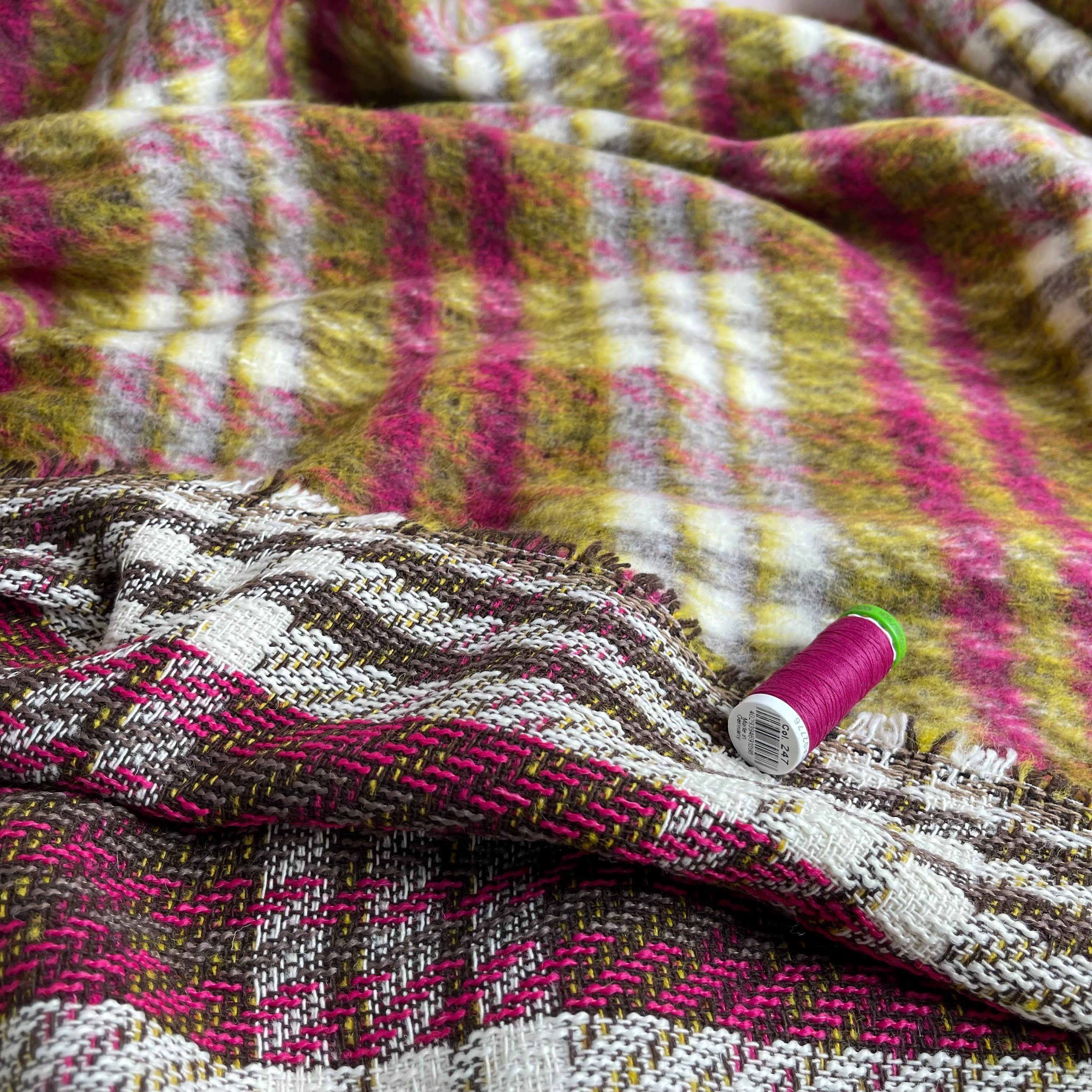 Kirstie in Green and Pink Checked Wool & Cotton Blend Coat Fabric