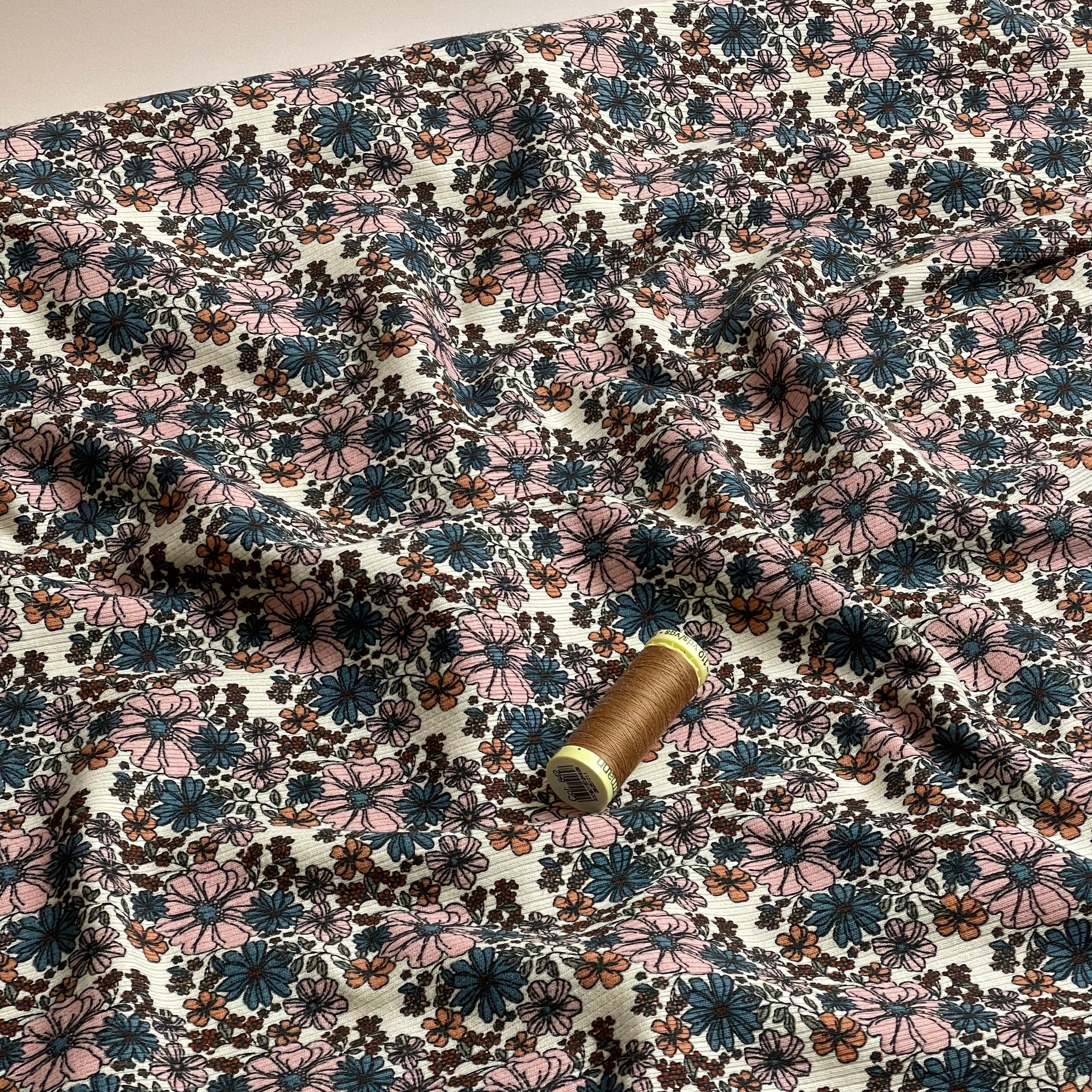Flower Garden Petrol Cotton Ribbed Jersey