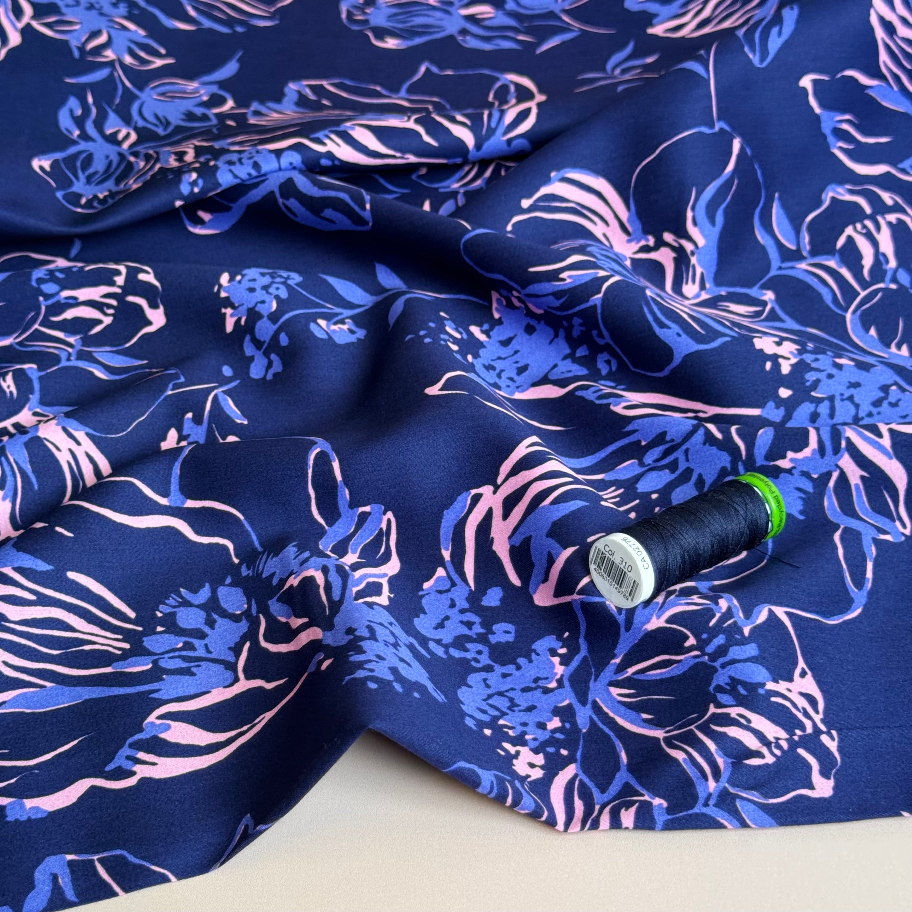 Line Flowers on Navy Cotton Sateen Fabric