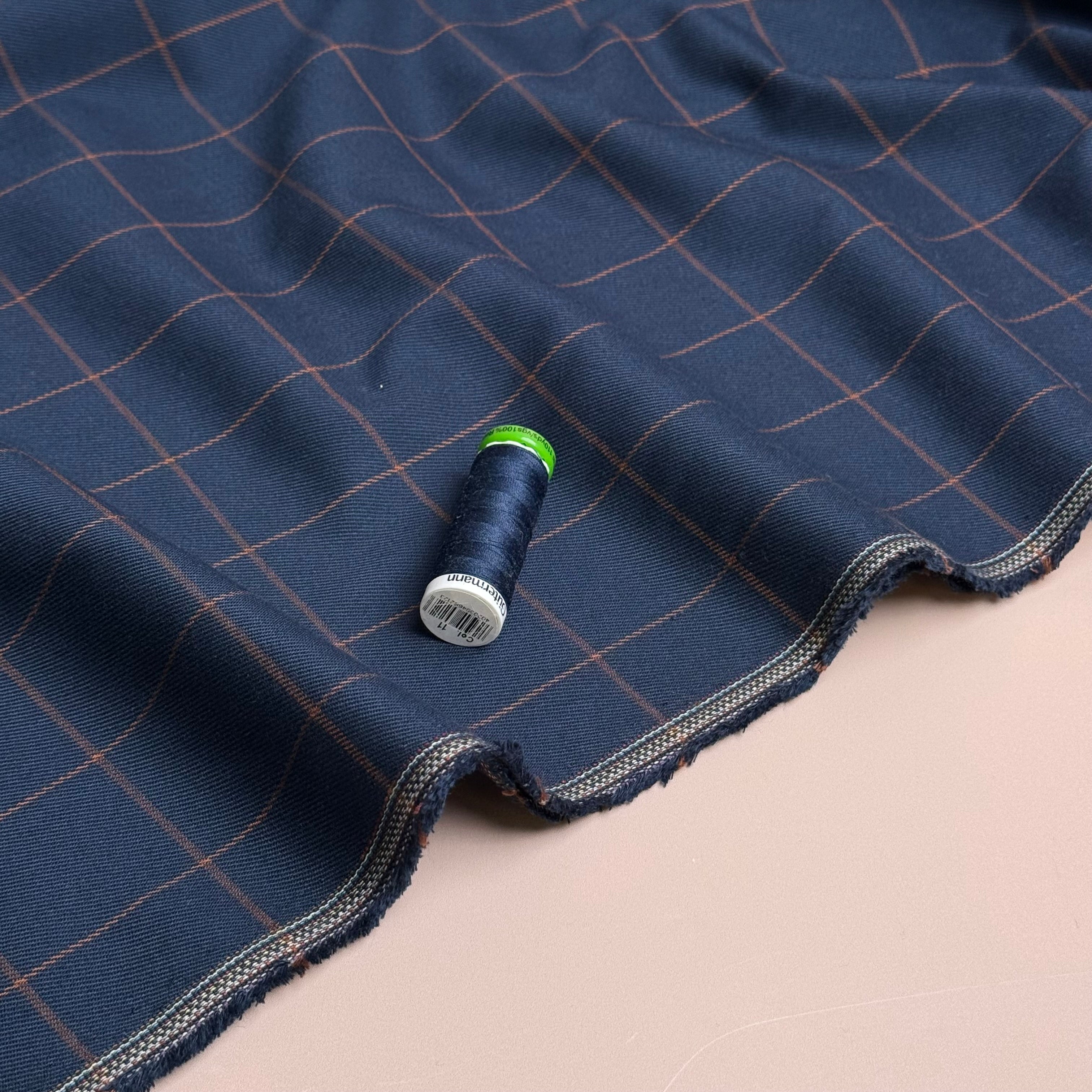 Tartan Check in Navy & Camel Viscose Blend Trouser Fabric