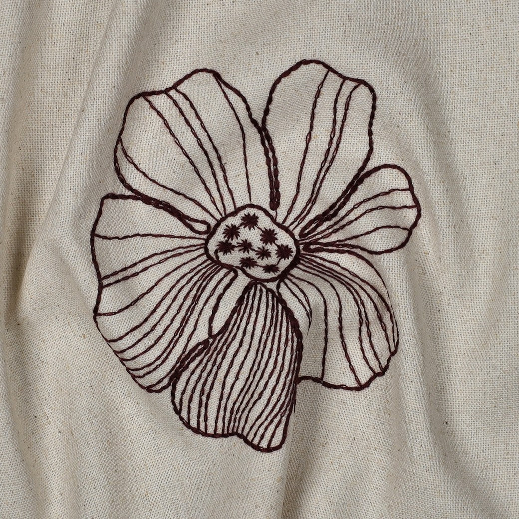 Embroidered Burgundy Flowers on Natural Linen Viscose Blend Fabric