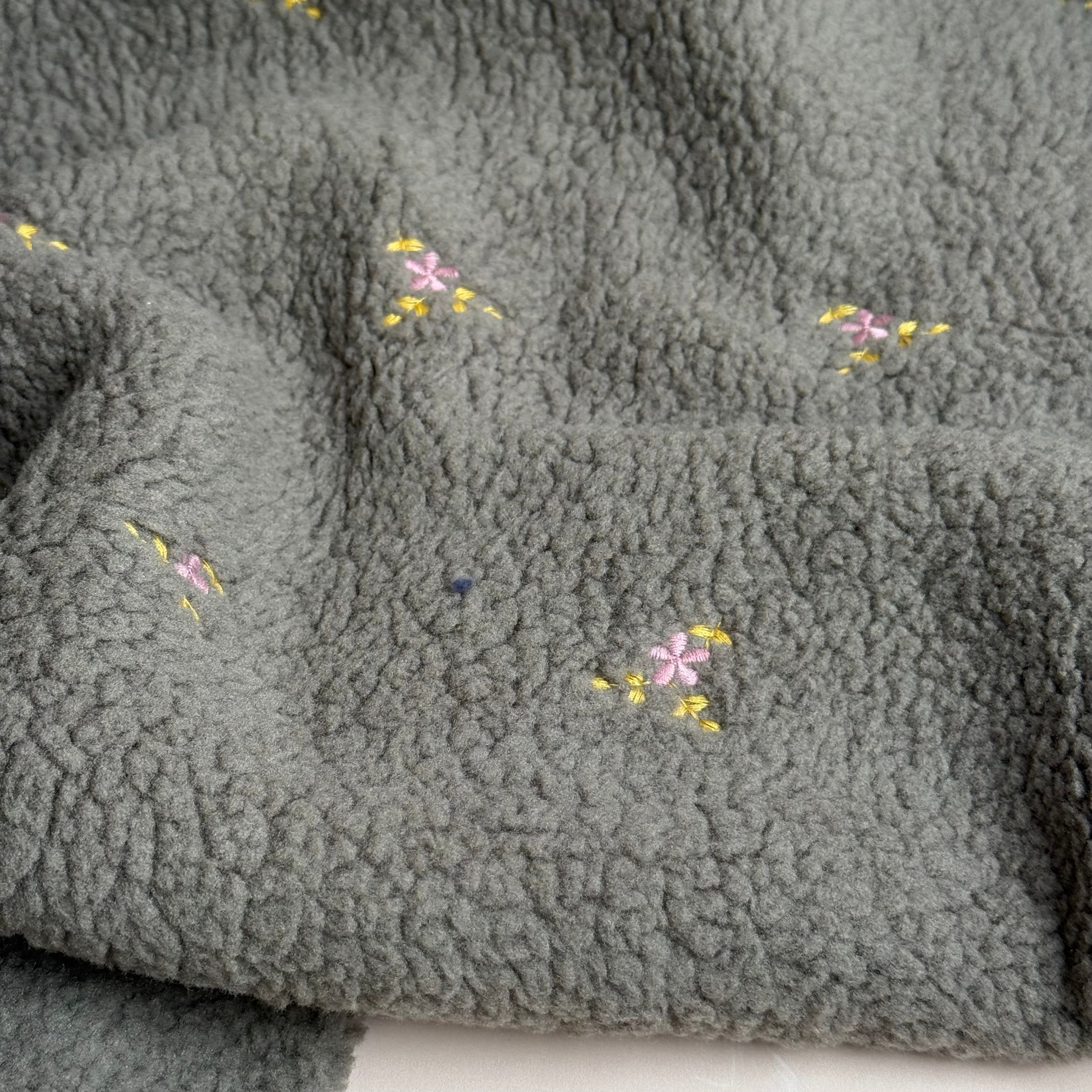 Teddy Fabric with Embroidered Flowers in Grey