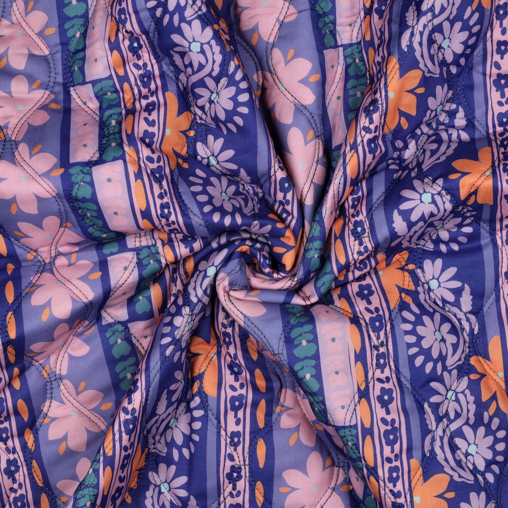 Ornamental Flowers Purple Quilted Cotton Fabric