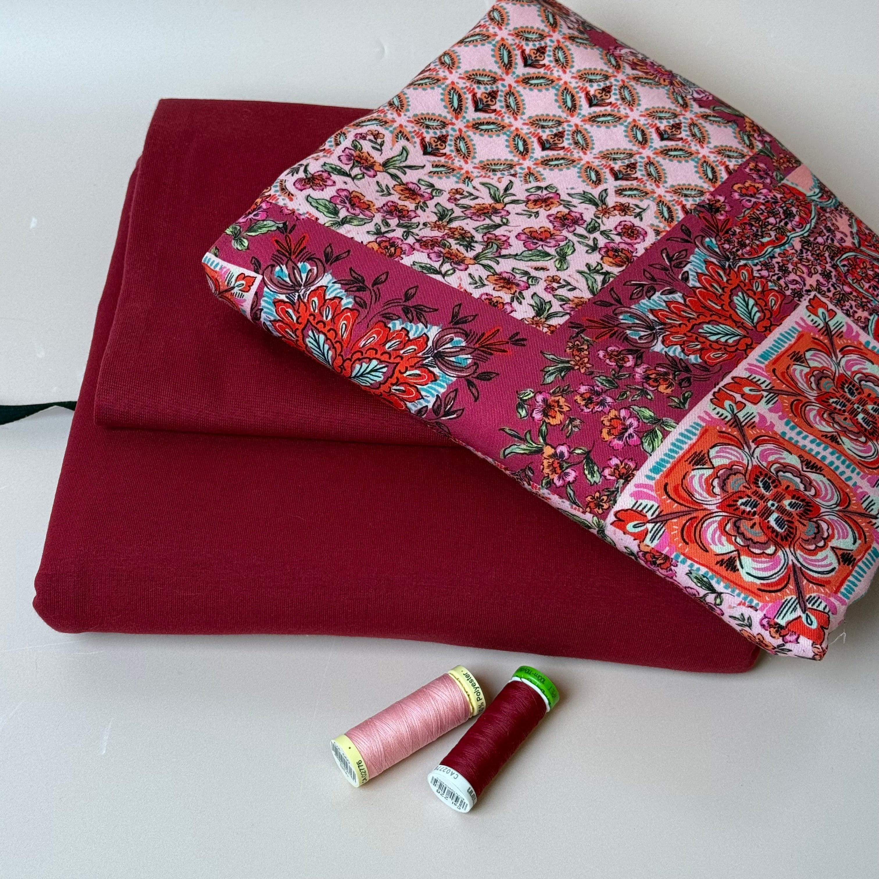 Make an Outfit Colour Bundle - Vintage Patchwork Viscose Twill in Berry & Sweatshirting with ribbing
